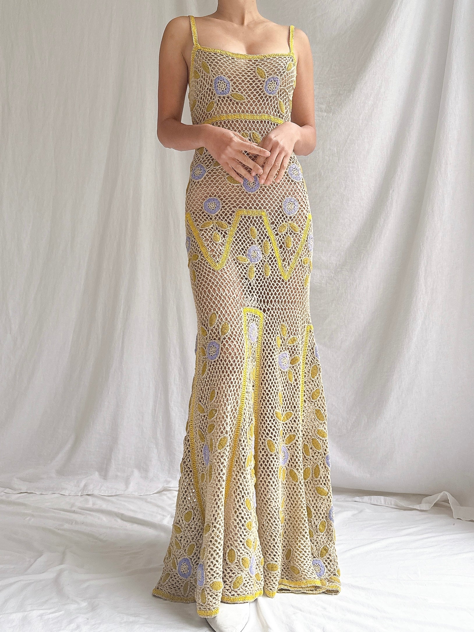 Vintage Chartreuse/Moss Crochet Dress - S-M