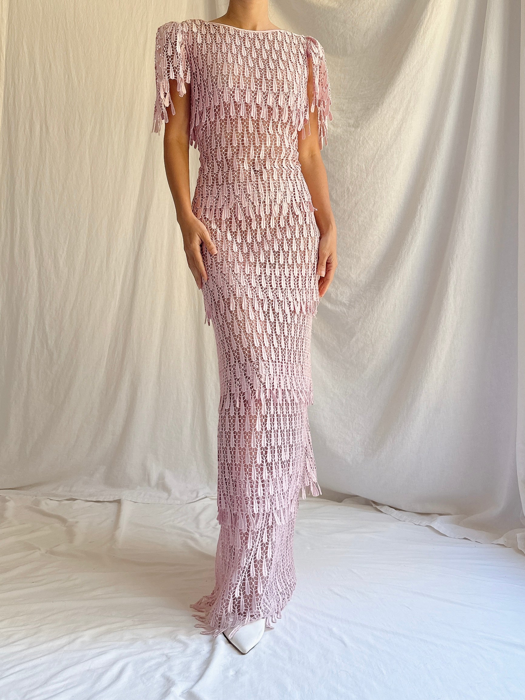 Vintage Sheer Pink Embroidered Lace Dress - S/M