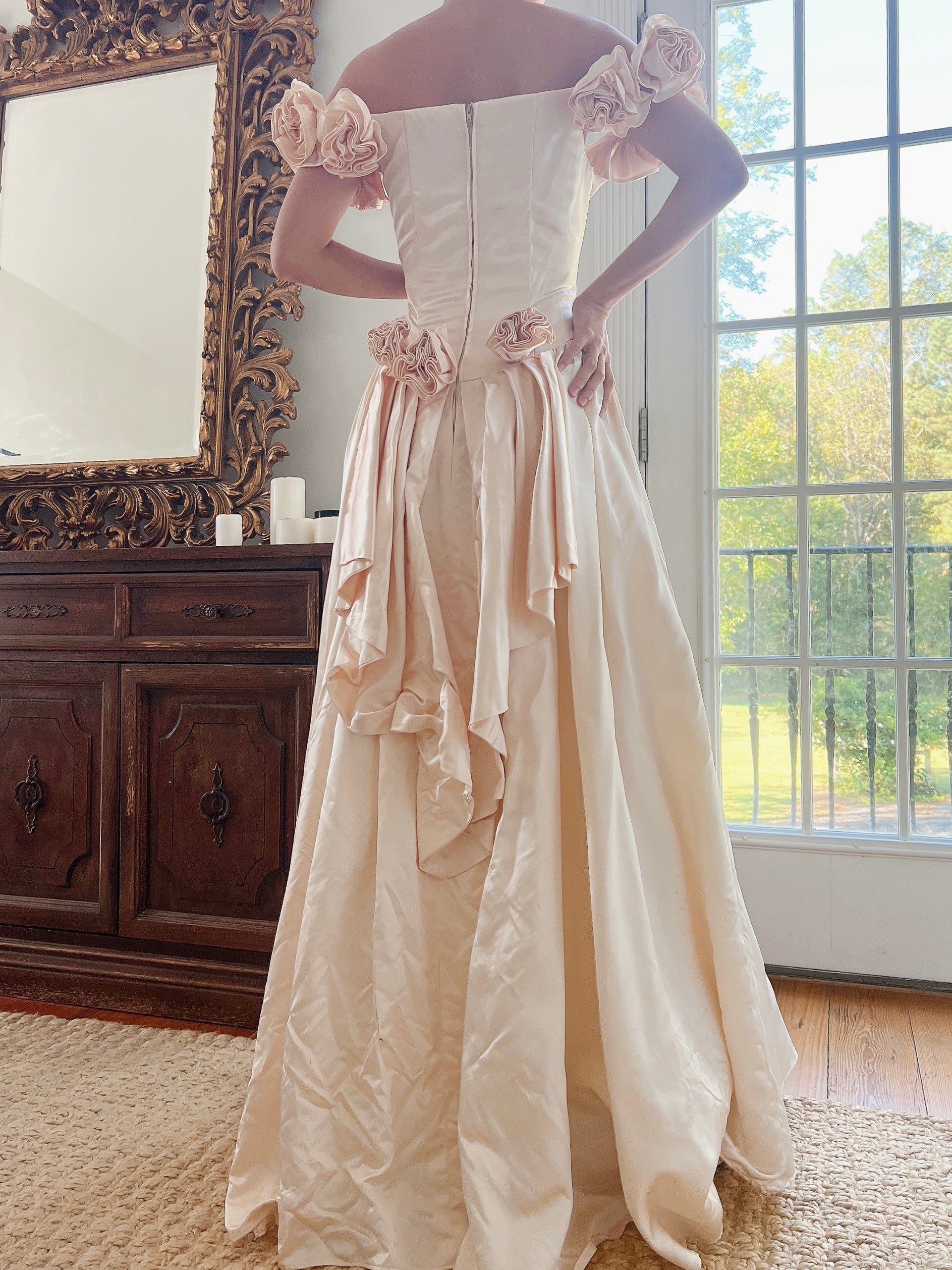 1980s Blush Satin Gown with Rosettes - S