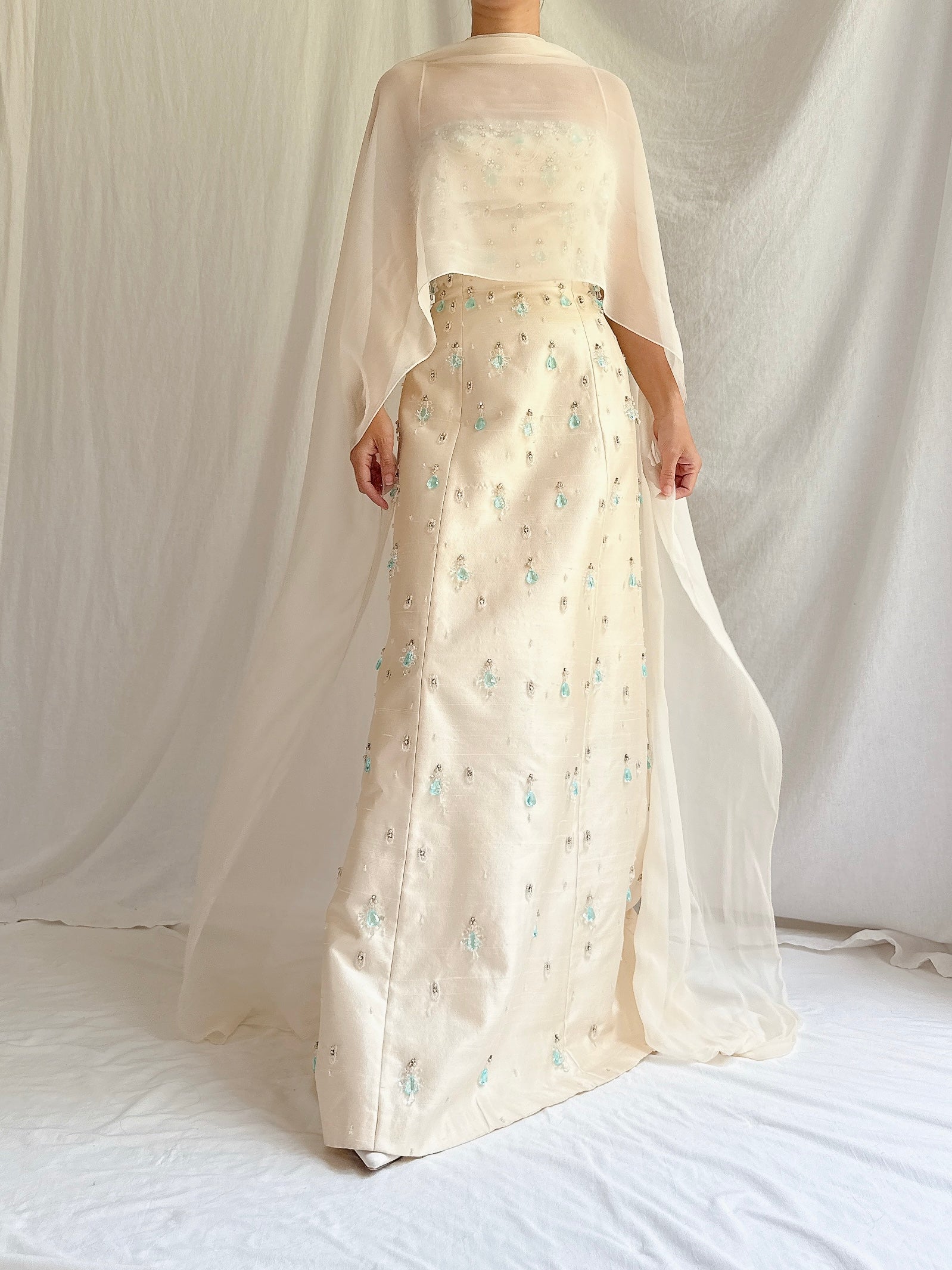 1960s Raw Silk Crystal Gown with Silk Shawl- S/4