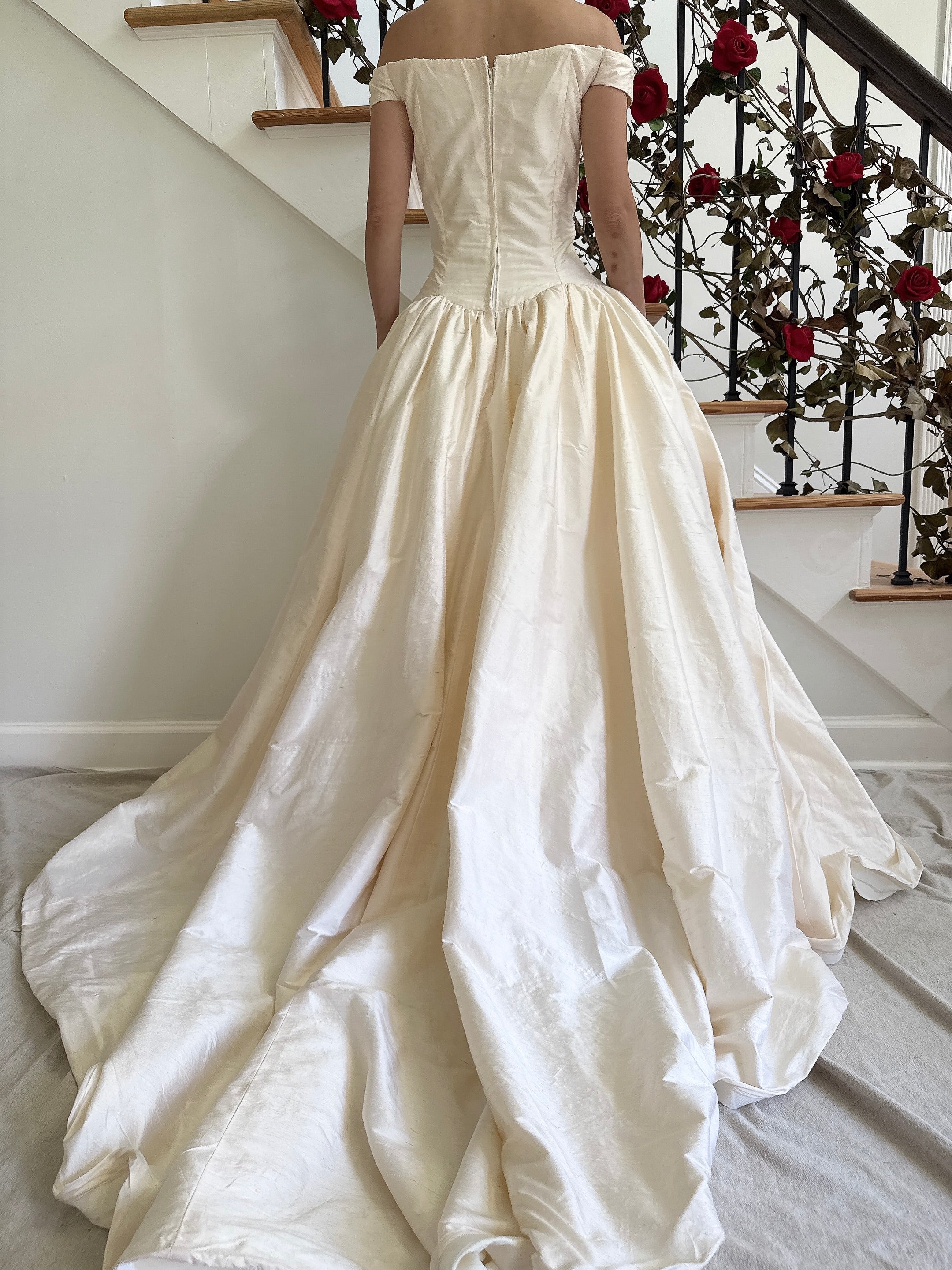 Vintage Raw Silk Portrait Collar Gown - M
