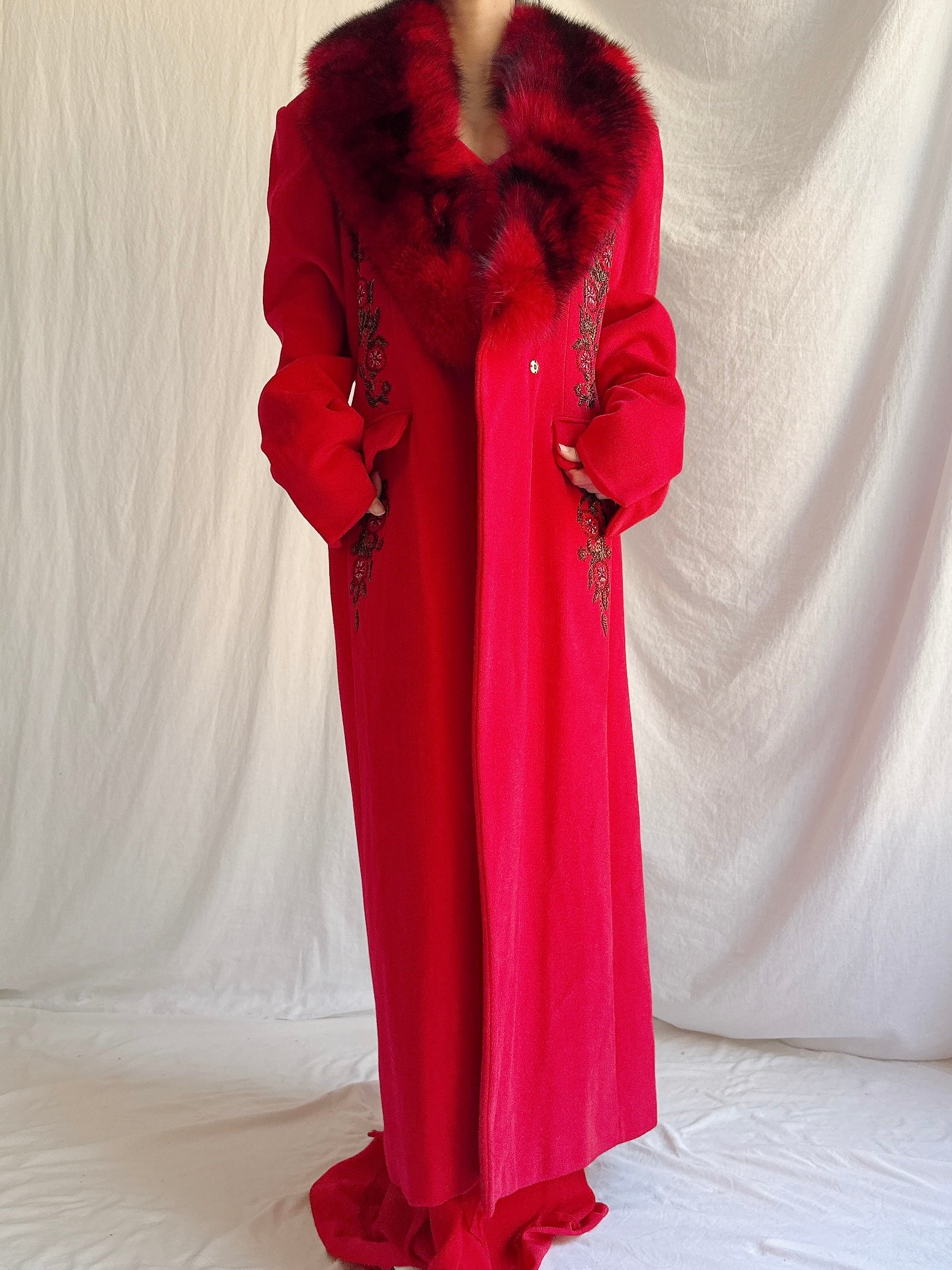 Vintage Red Wool Fox Fur Coat - M