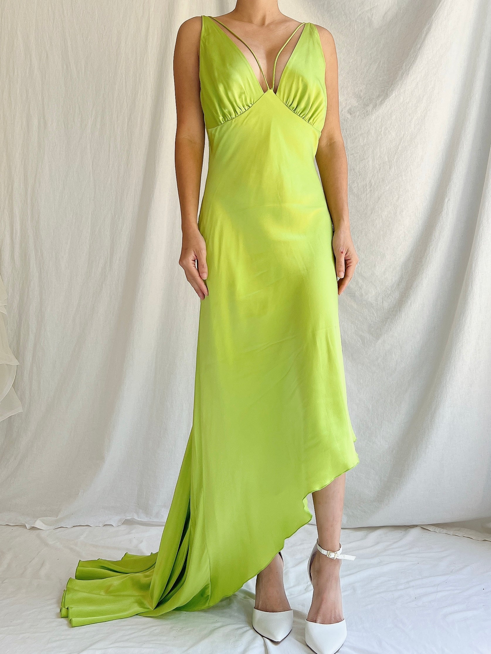 1990s Silk Chartreuse Asymmetrical Hem Gown - S