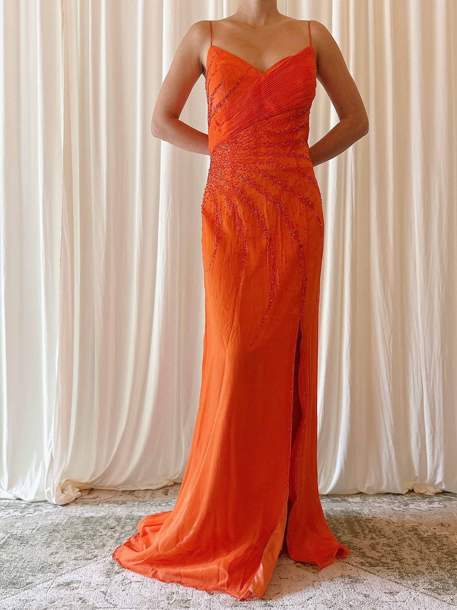 Vintage Orange Halter Beaded Dress - M