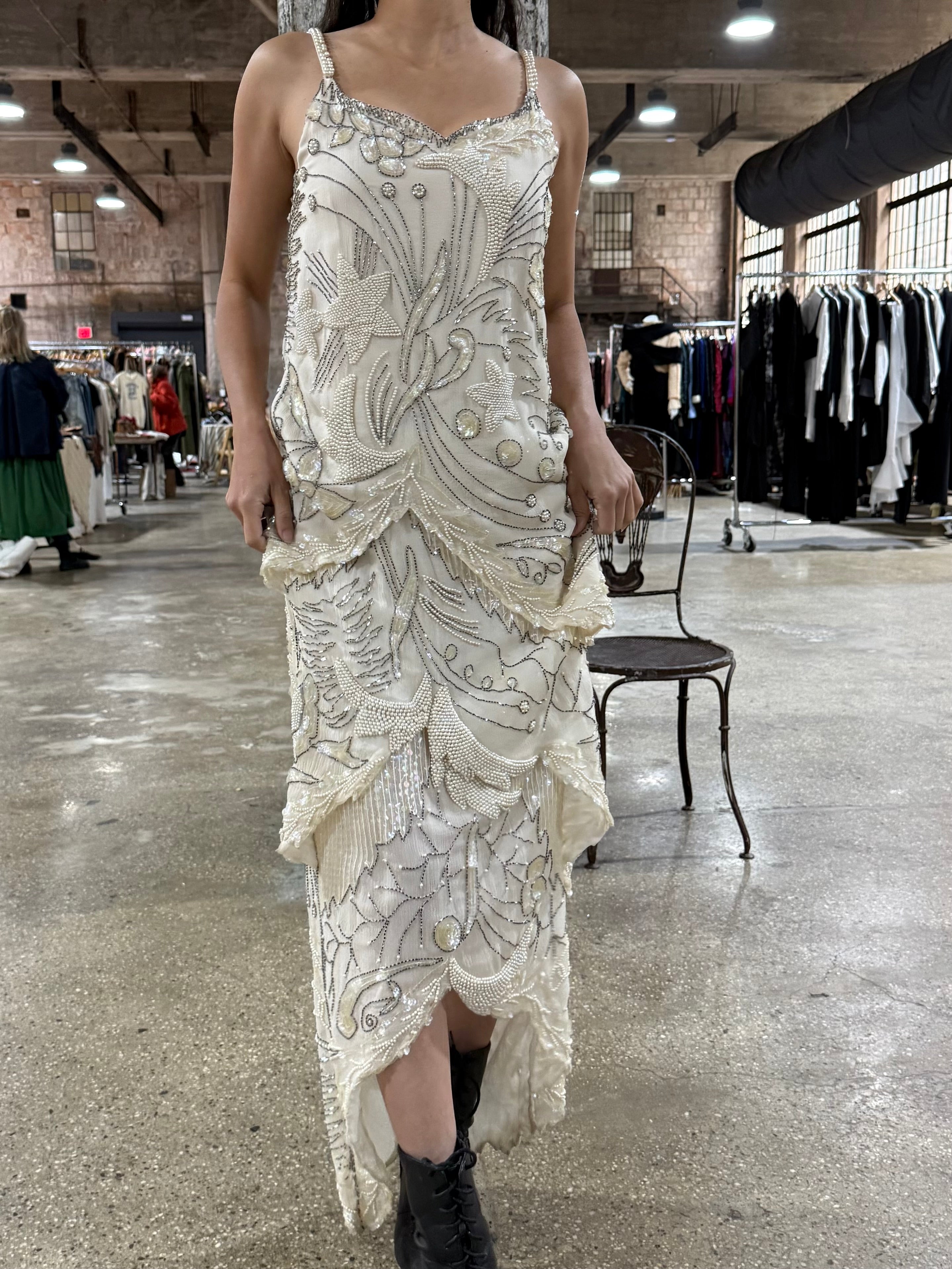 1980s Silk Chiffon Seed Pearls Stars Dress - S