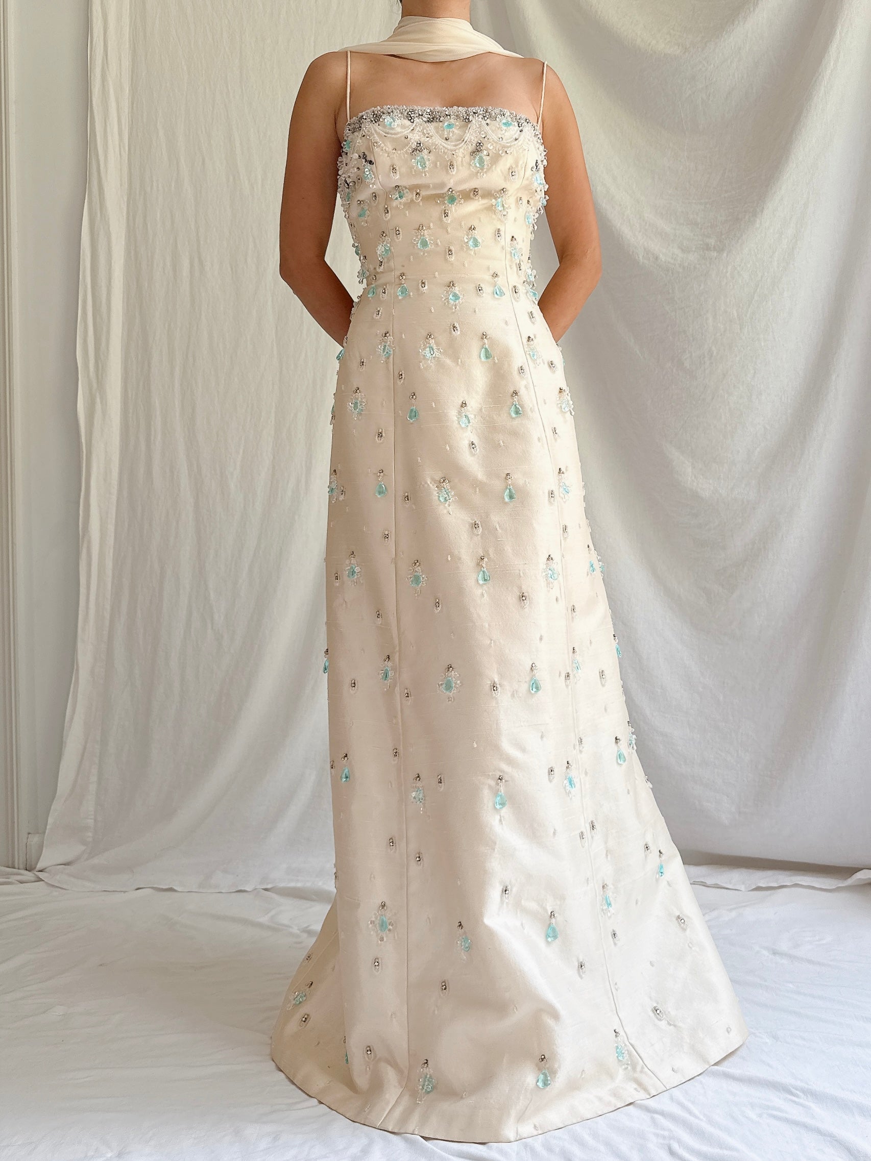 1960s Raw Silk Crystal Gown with Silk Shawl- S/4