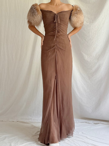 Vintage Bellville Sassoon Silk Fur-Trimmed Gown - UK 14