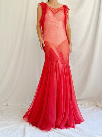 1930s Rose Red Sheer Silk Gown - XS