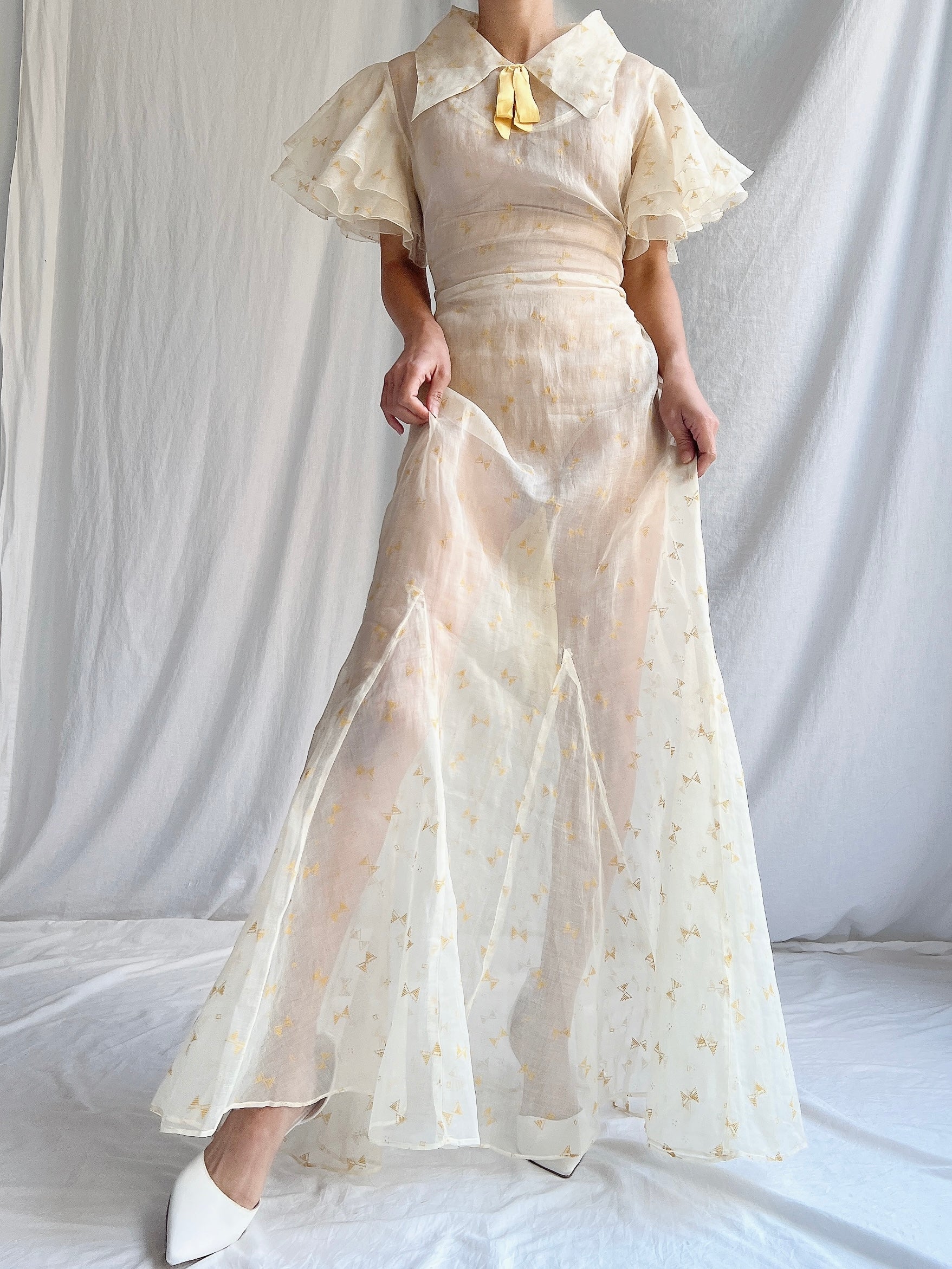 1930s Light Yellow Organdy Gown - XS