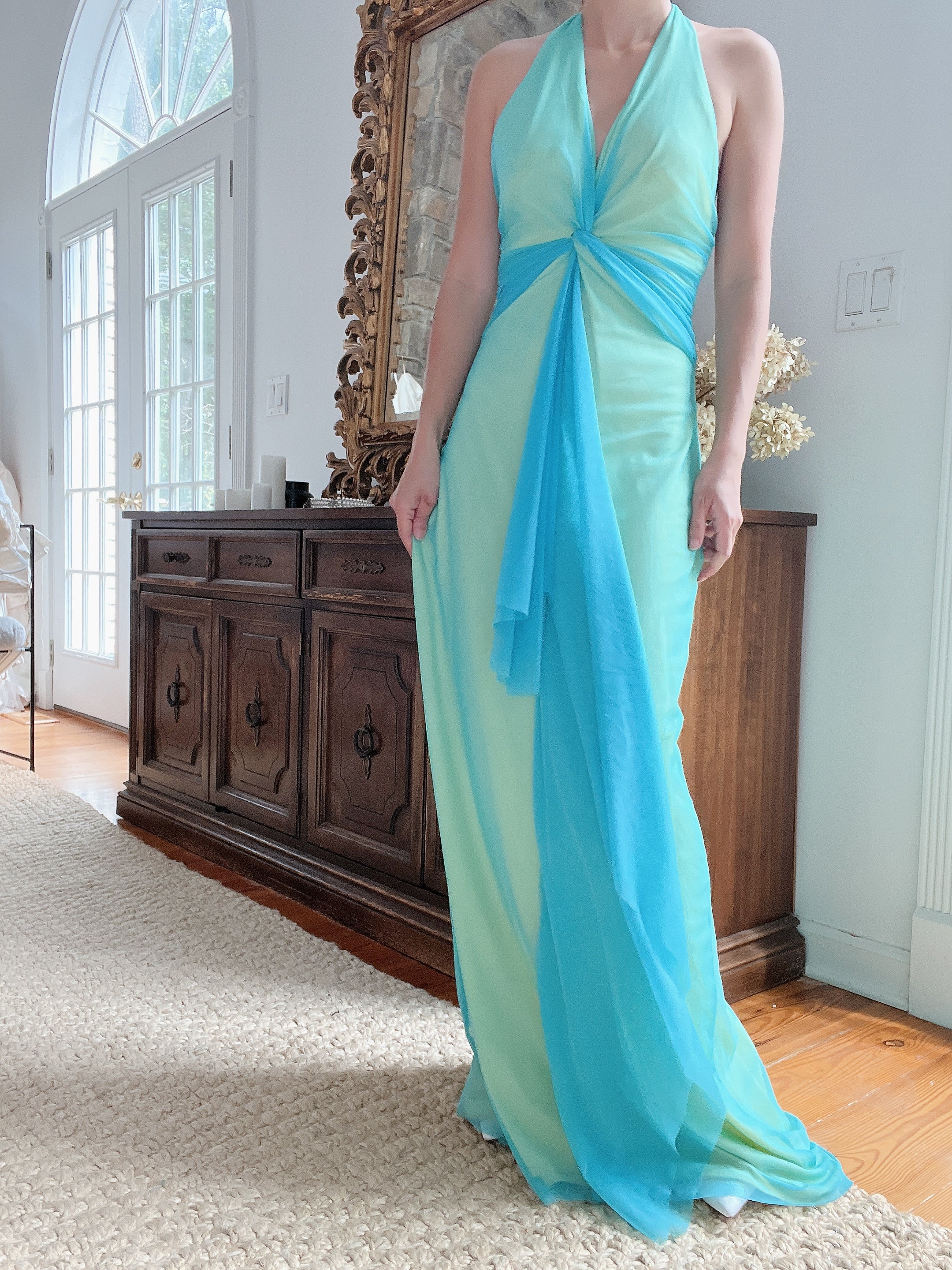 Y2K Teal and Yellow Gown - XS