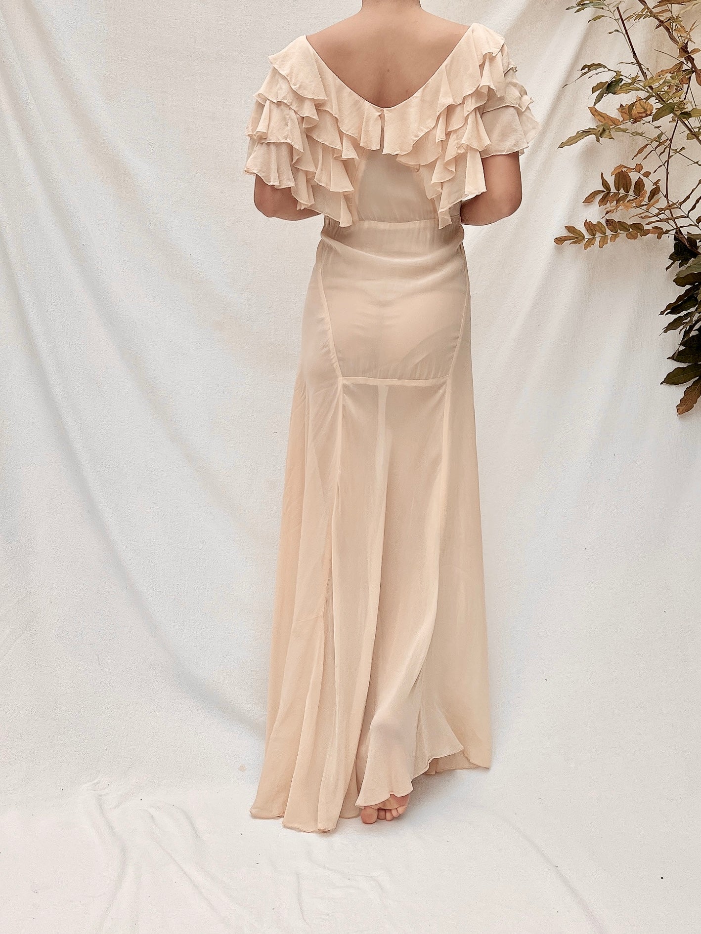 Vintage Eggshell Silk Ruffle Gown - S