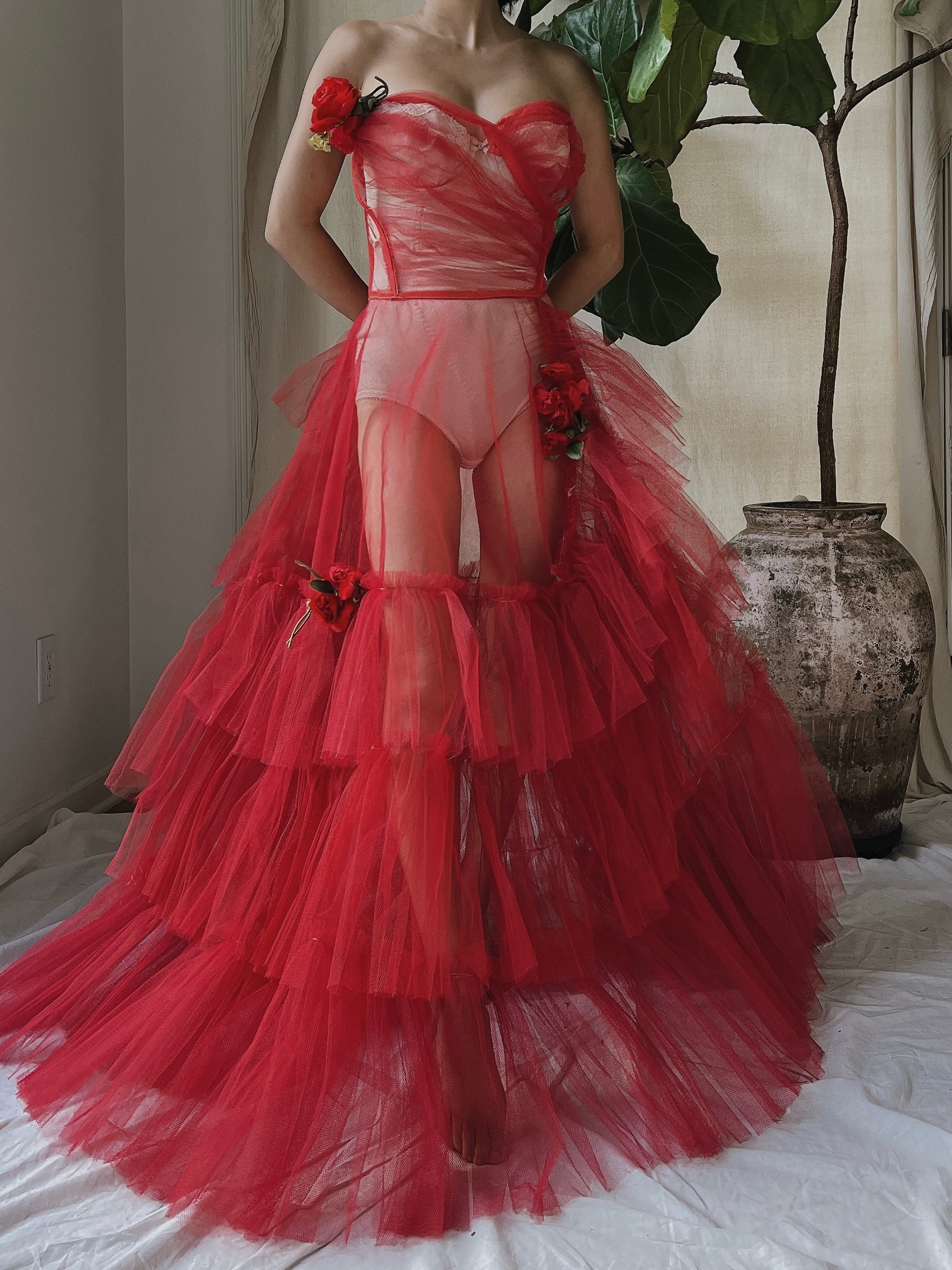 1950s Strapless Red Tiered Tulle Gown - XS