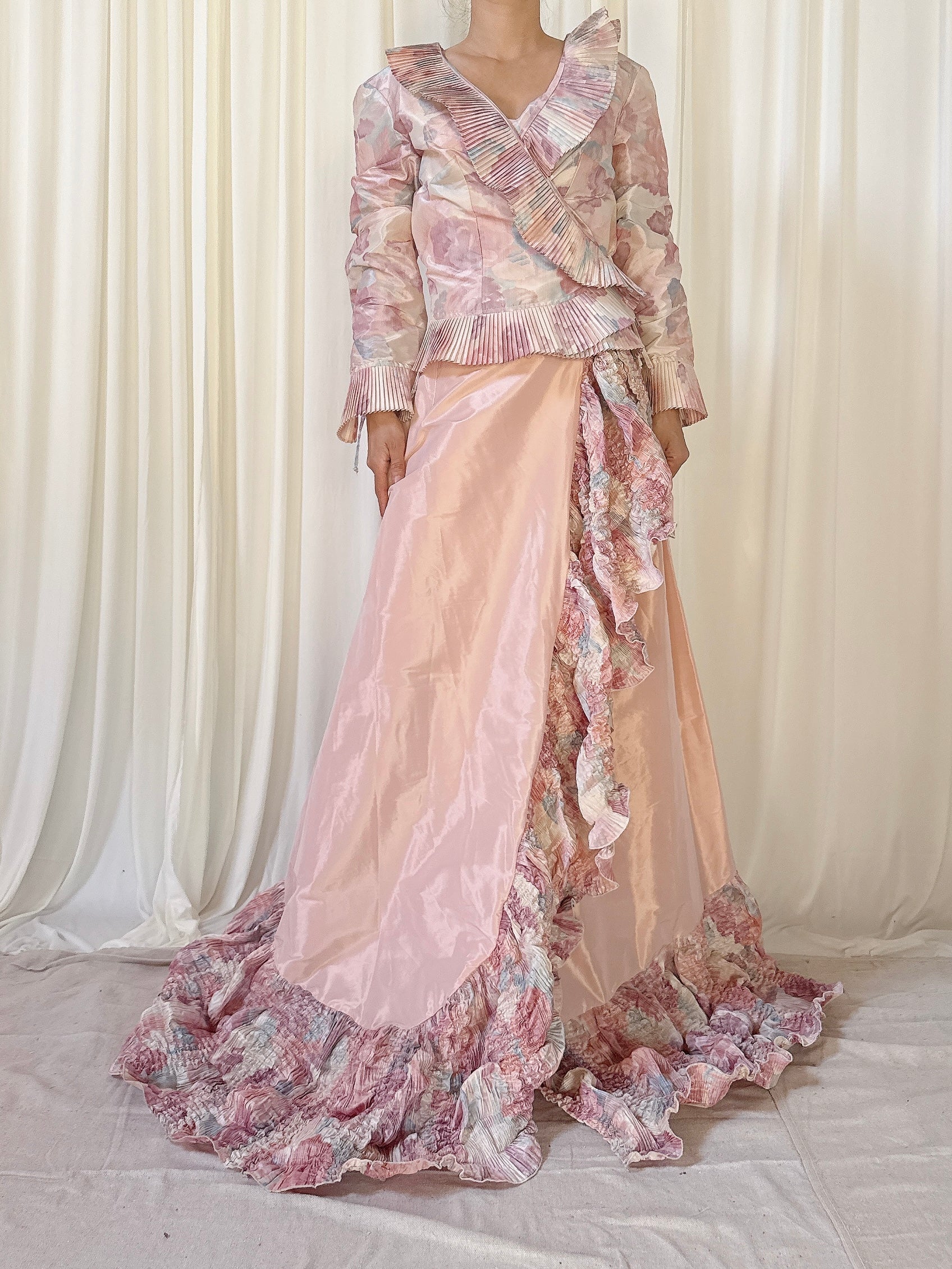 Vintage Paule Vasseur 2 Piece Pink Silk Floral Set - FR 40