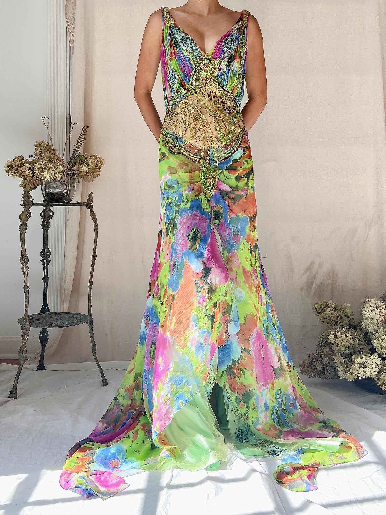 Vintage Multicolored Chiffon and Mesh Dress