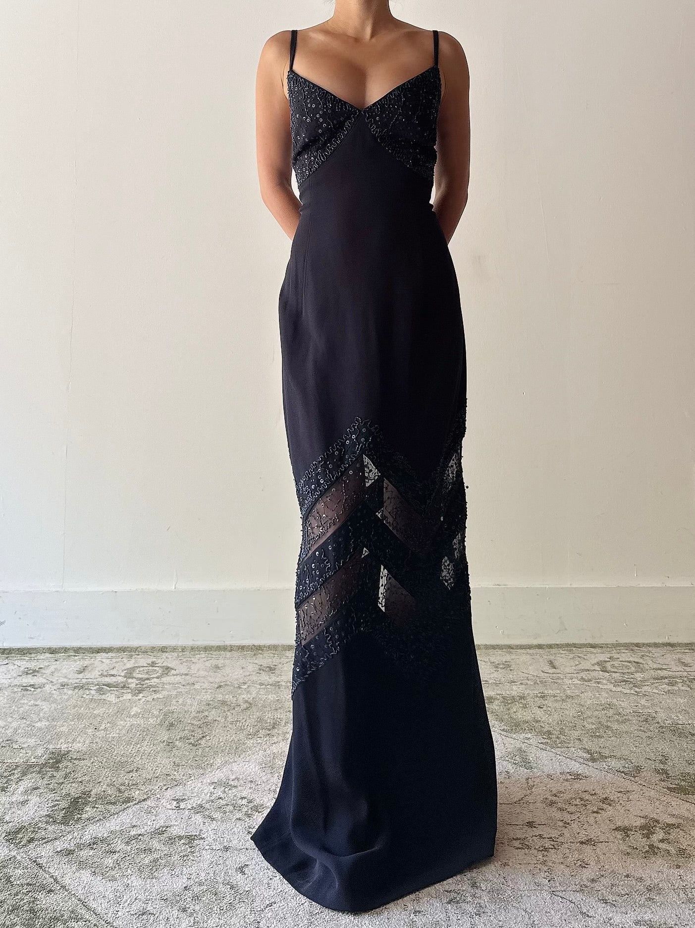 Vintage Navy Blue Rayon Beaded Dress - M