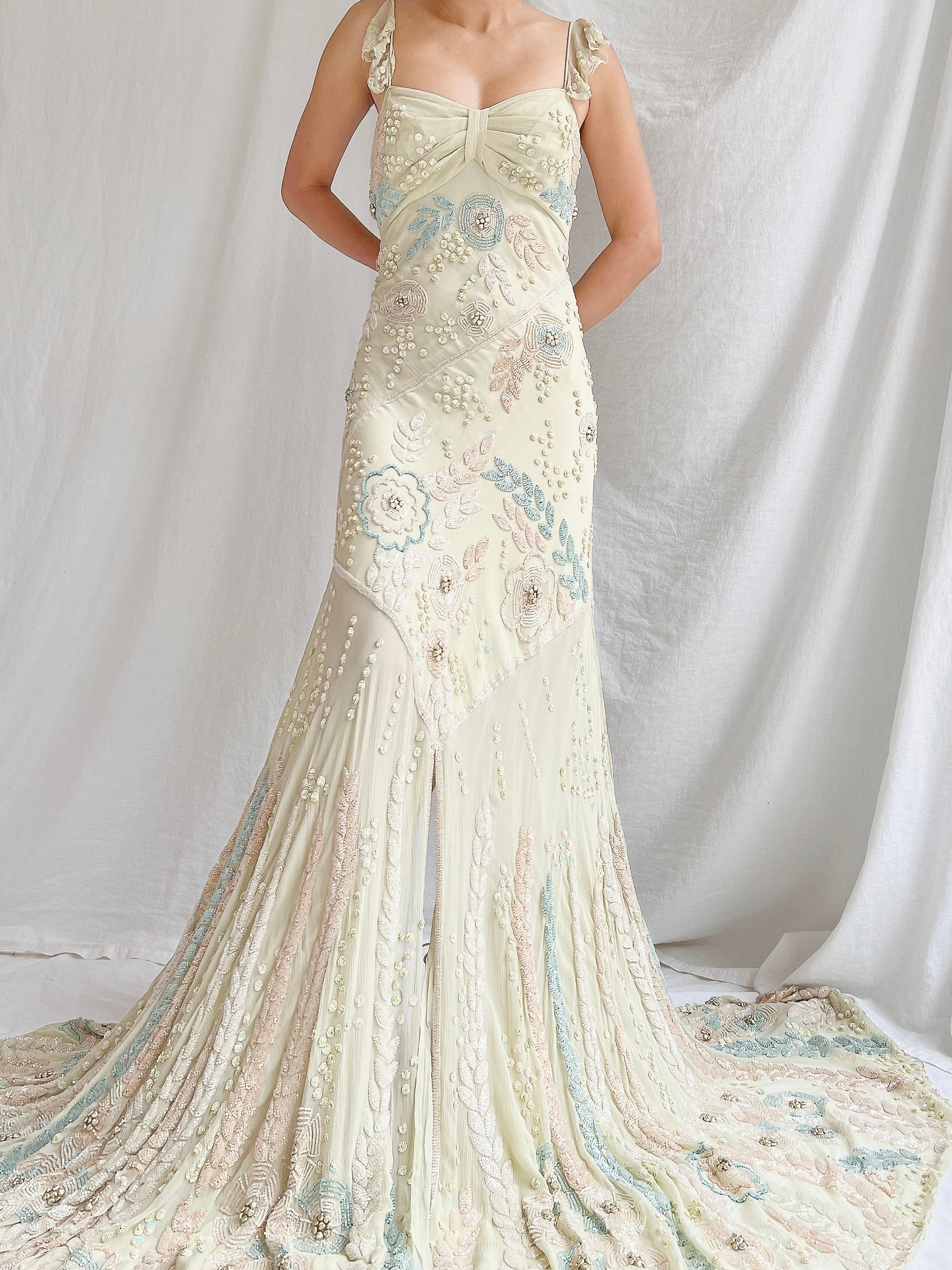 Vintage Couture Eavis and Brown Silk Handbeaded Gown - M/L | G O S S A M E R Vintage Couture Eavis and Brown Silk Handbeaded Gown - M/L | G O S S A M E R