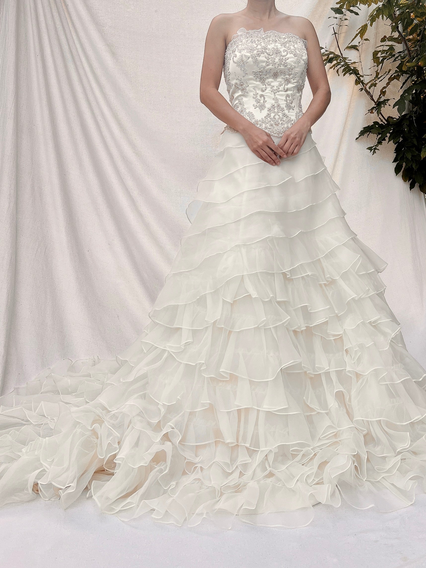 vintage beaded wedding dress Vintage Beaded Ruffle Organza Gown - M/10