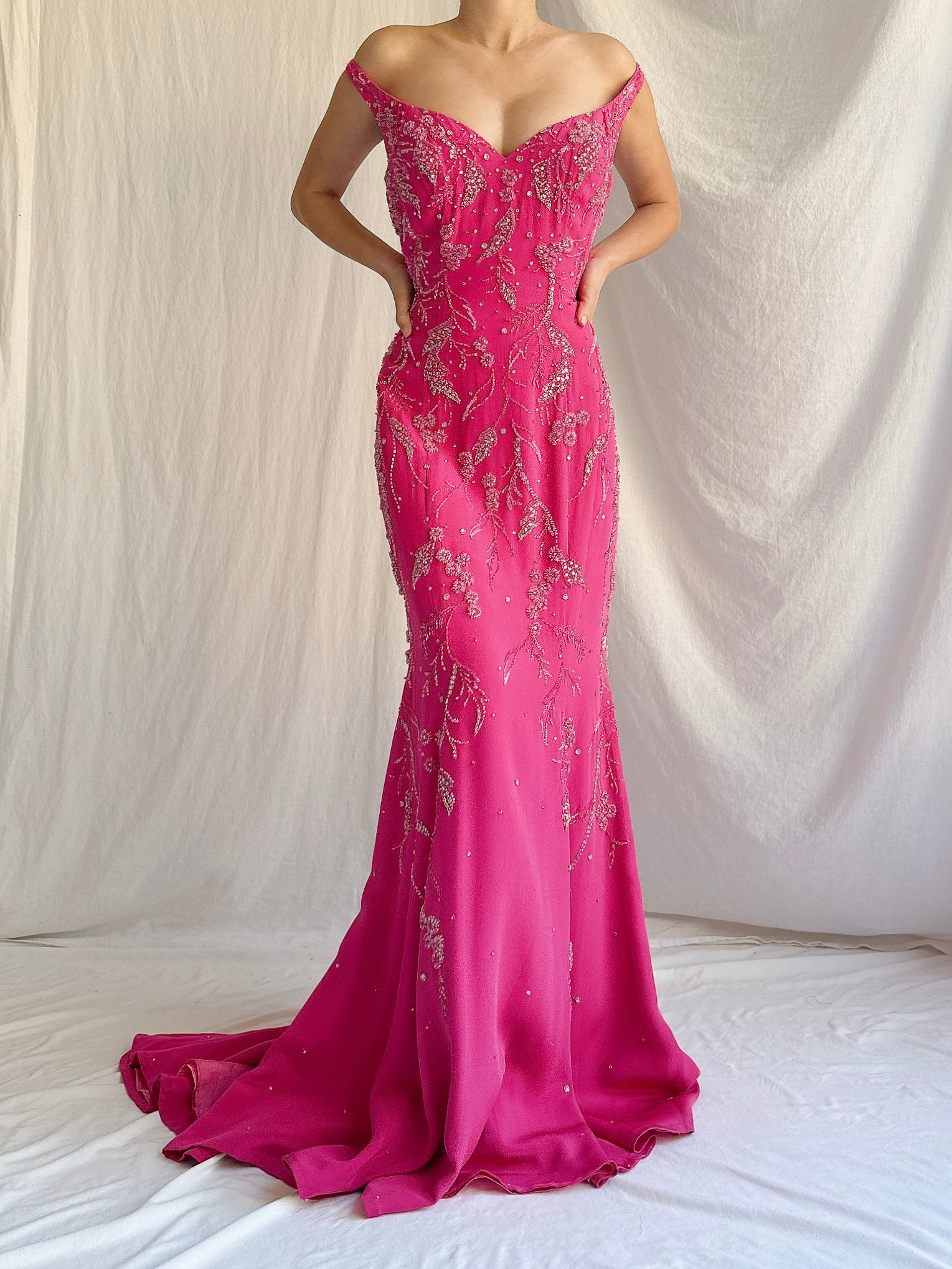 Vintage Hot Pink Silk Beaded Gown - M