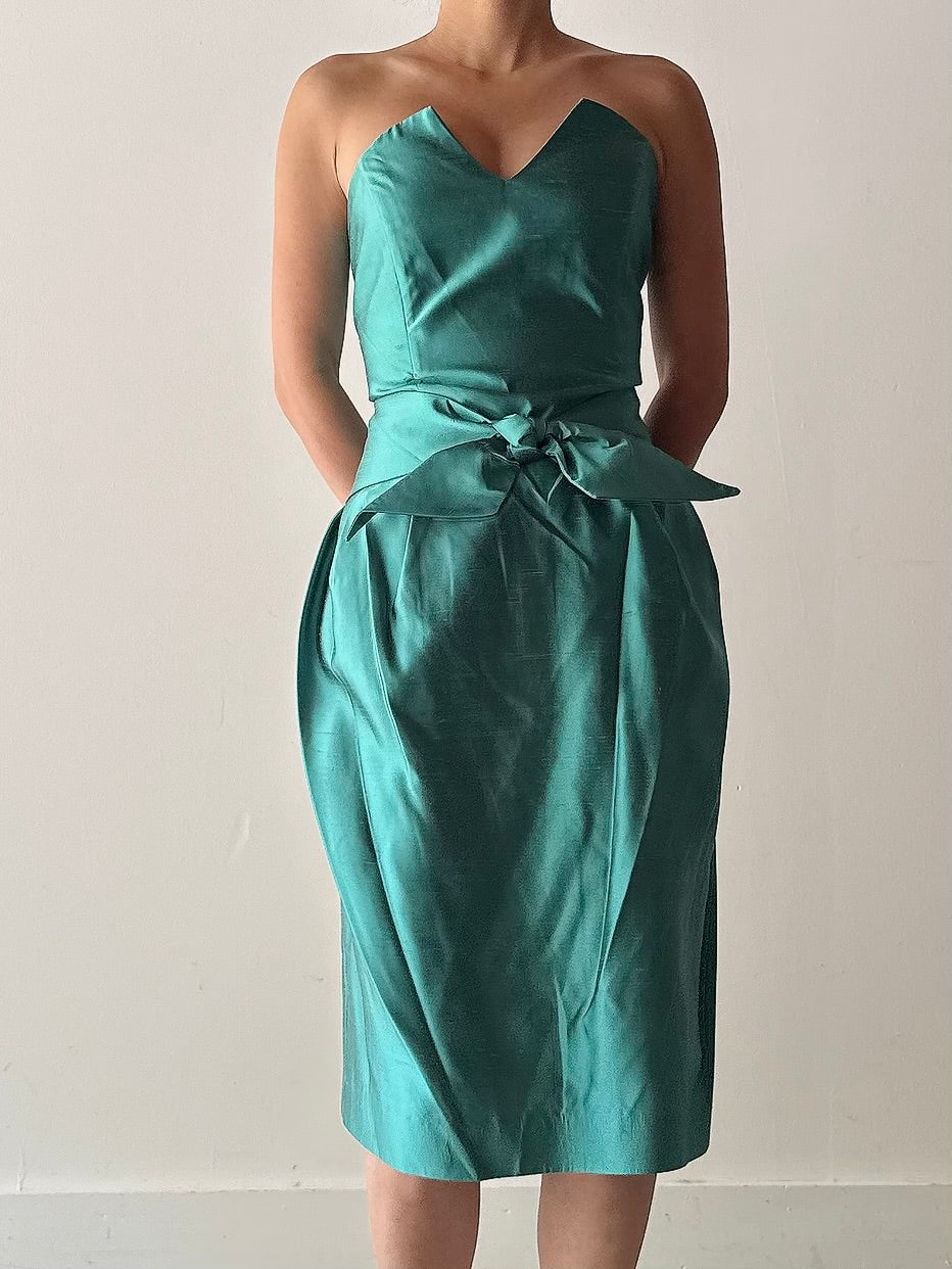 Vintage Turquoise Teal Silk Strapless Dress - FR42