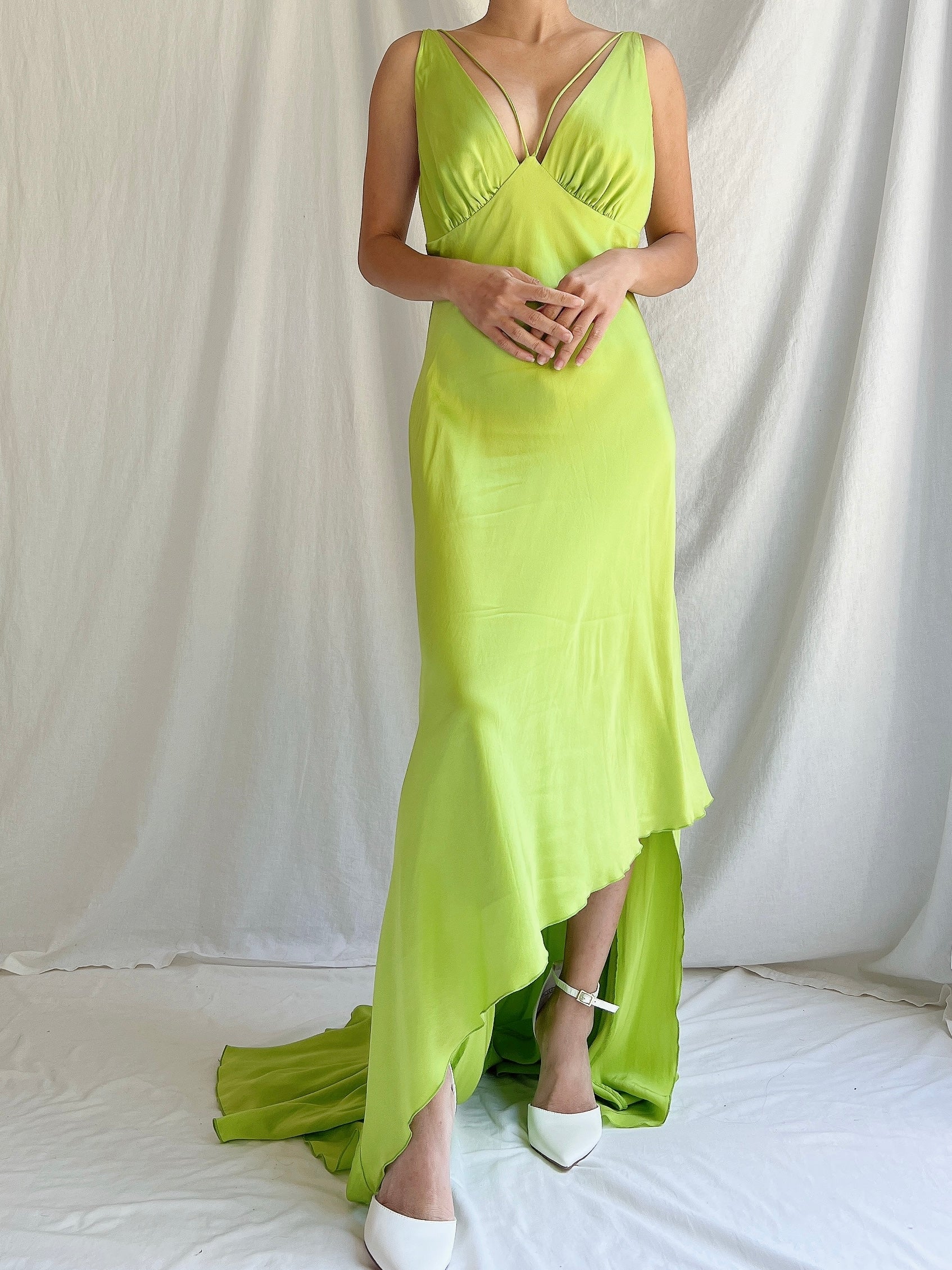 1990s Silk Chartreuse Asymmetrical Hem Gown - S