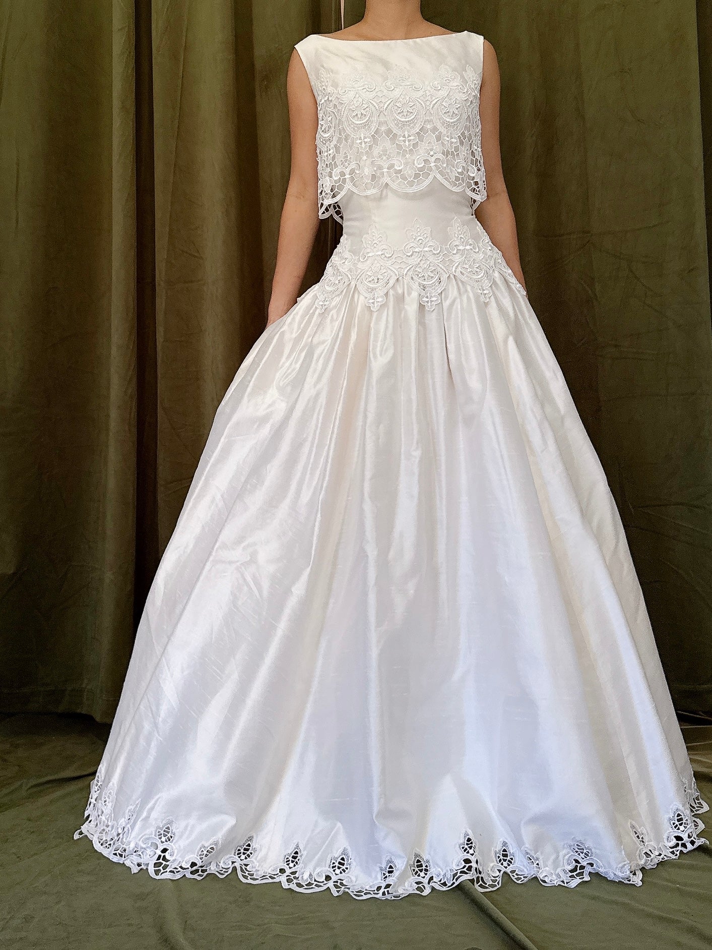 Vintage Raw Silk Embroidered Cutout Gown - S/4
