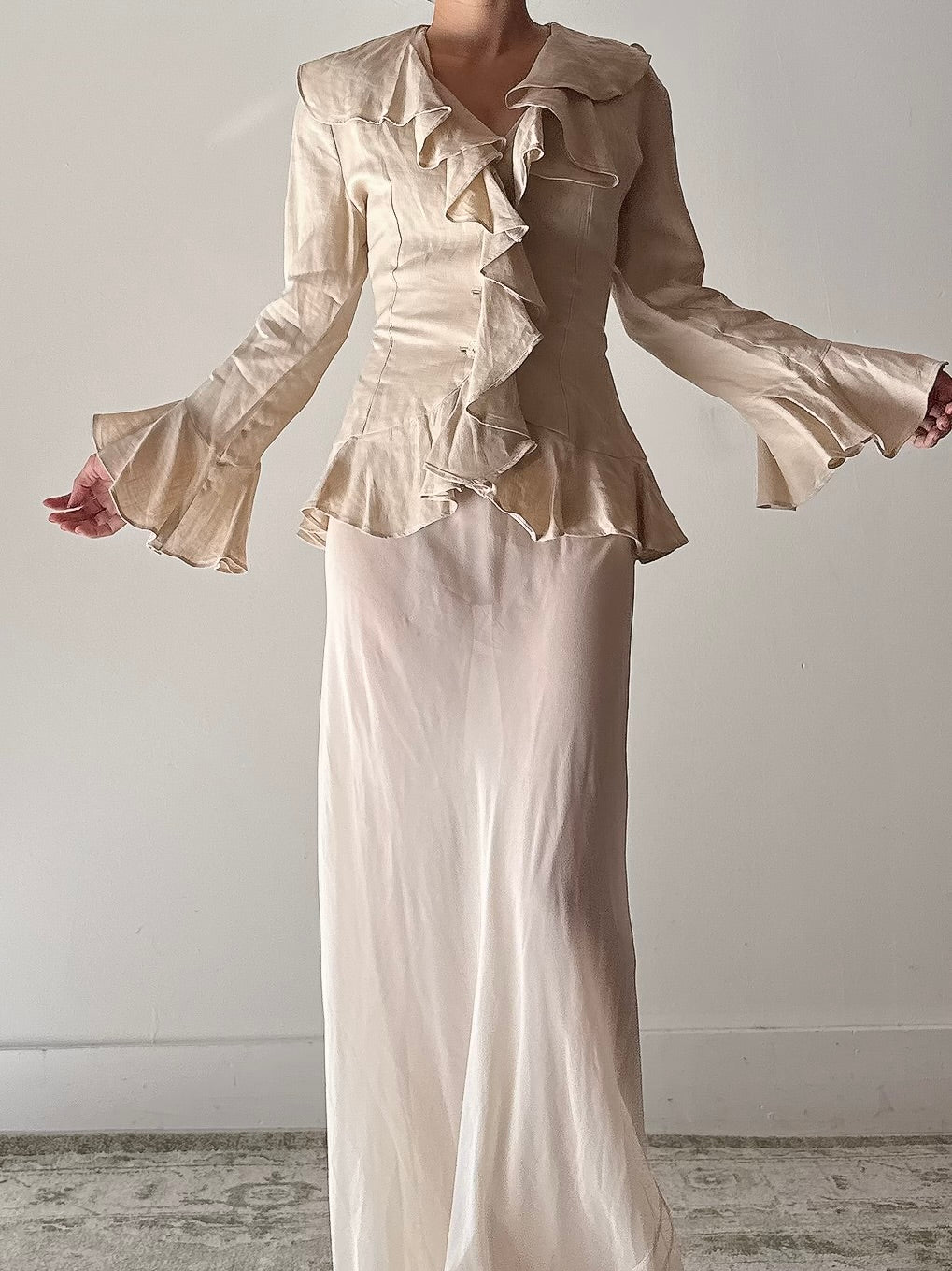 Vintage Cottonade Paris Beige Ruffle Top - FR38