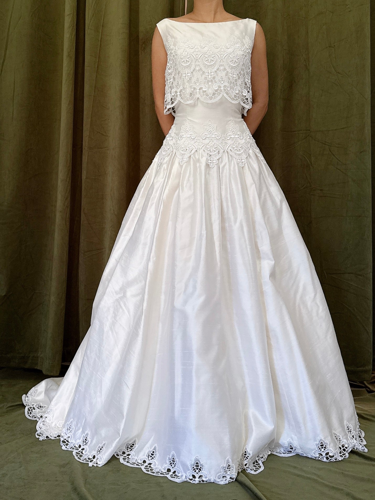 Vintage Raw Silk Embroidered Cutout Gown - S/4