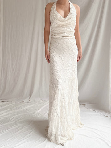 Vintage Silk Beaded Bias Halter Dress - M