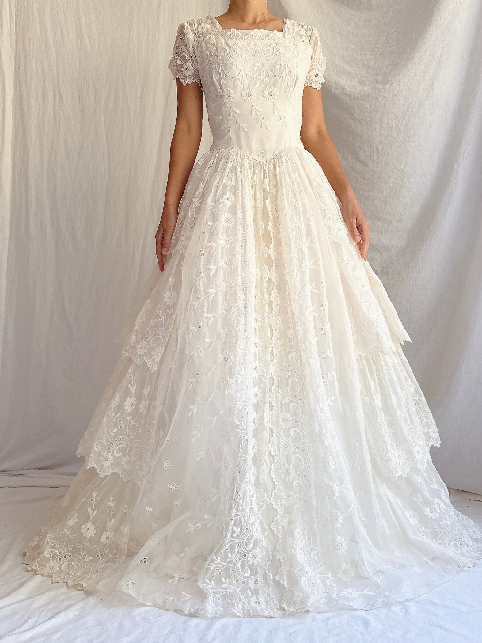 1950s Tiered Organdy Embroidered Gown - XS