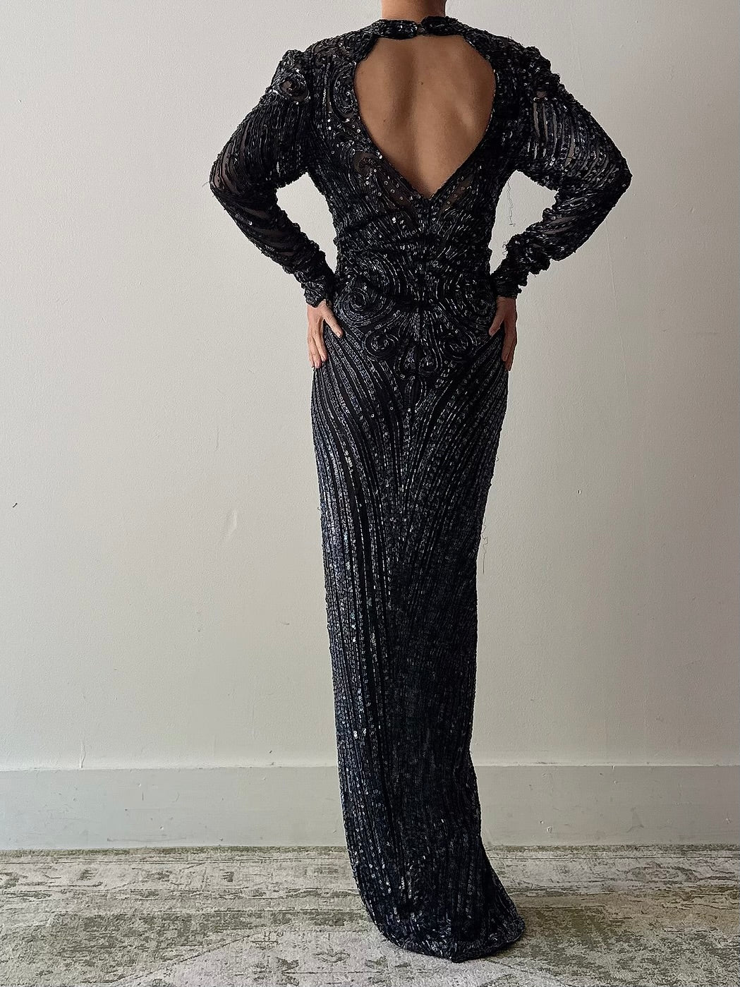1980s Midnight Blue Silk Beaded Gown - M