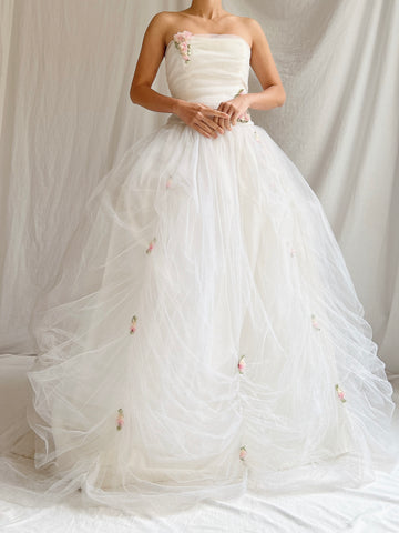 Vintage Strapless Tulle Rosette Gown - XS/2