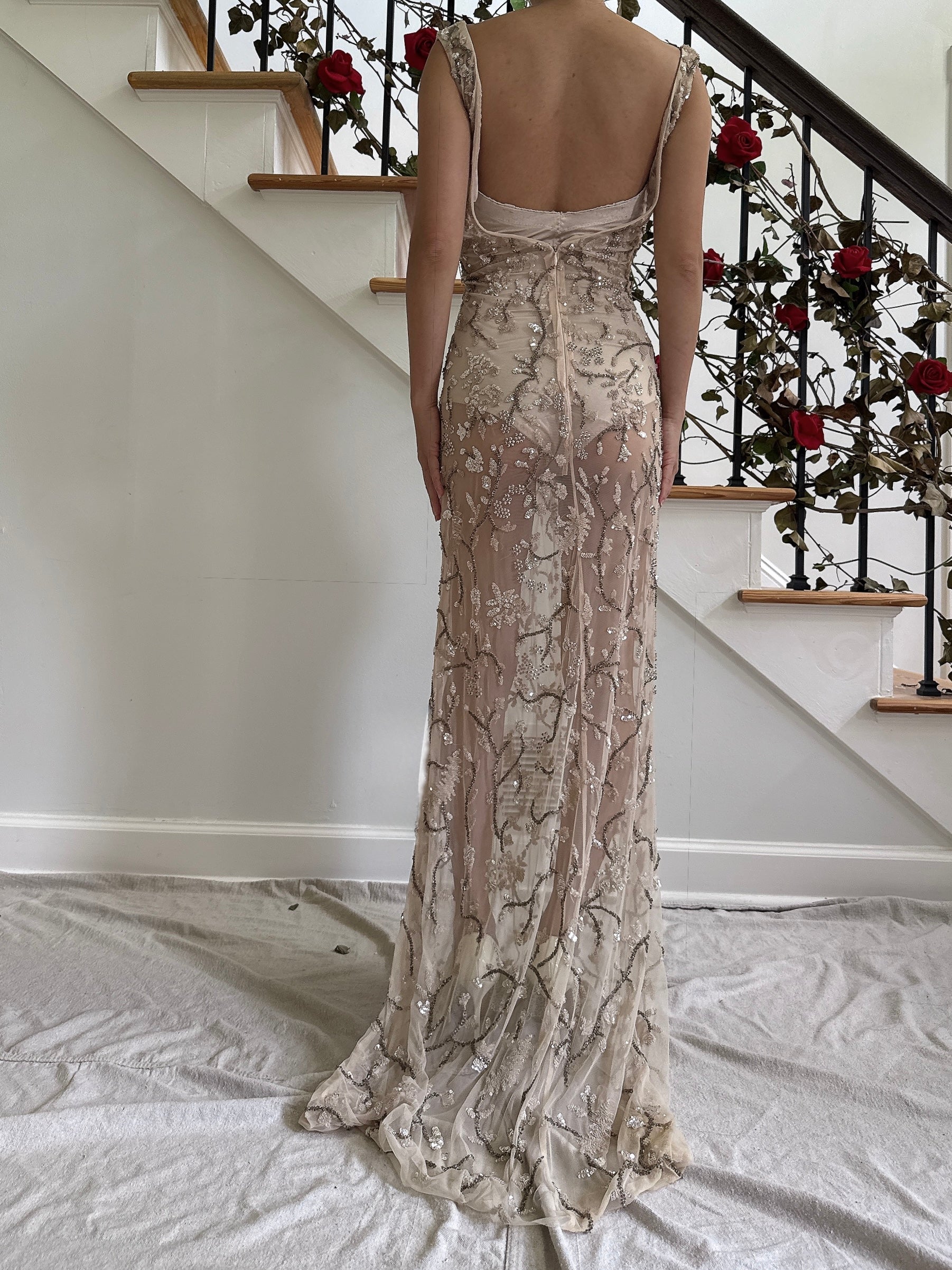 Vintage Nude Sheer Beaded Dress - L