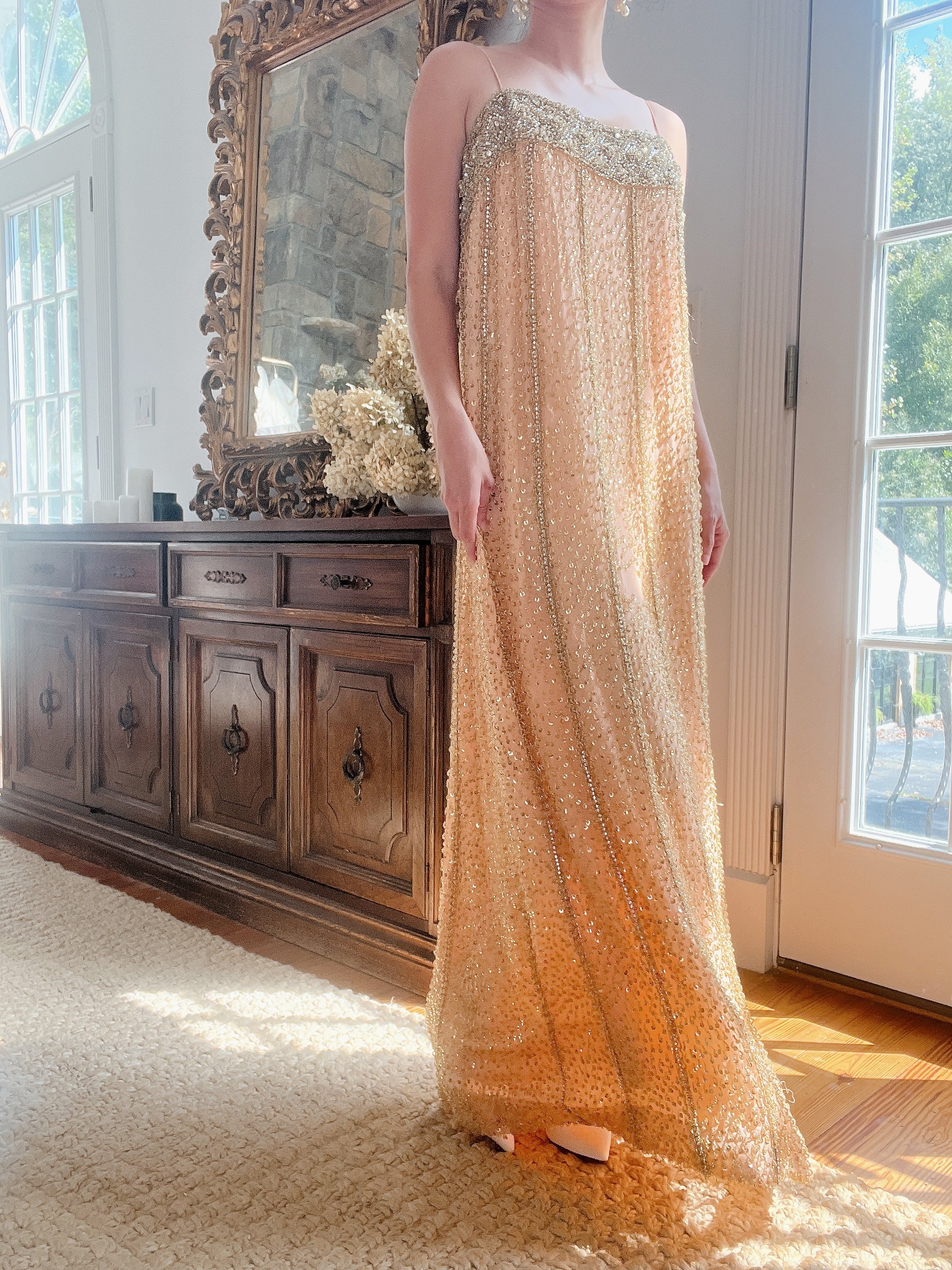 1960s Peach Beaded Gown & Cape - M/L