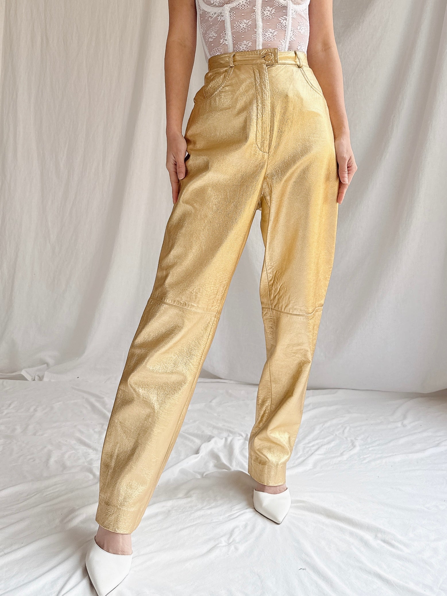 Vintage Salvatore Ferragamo Gold Leather Trousers - M