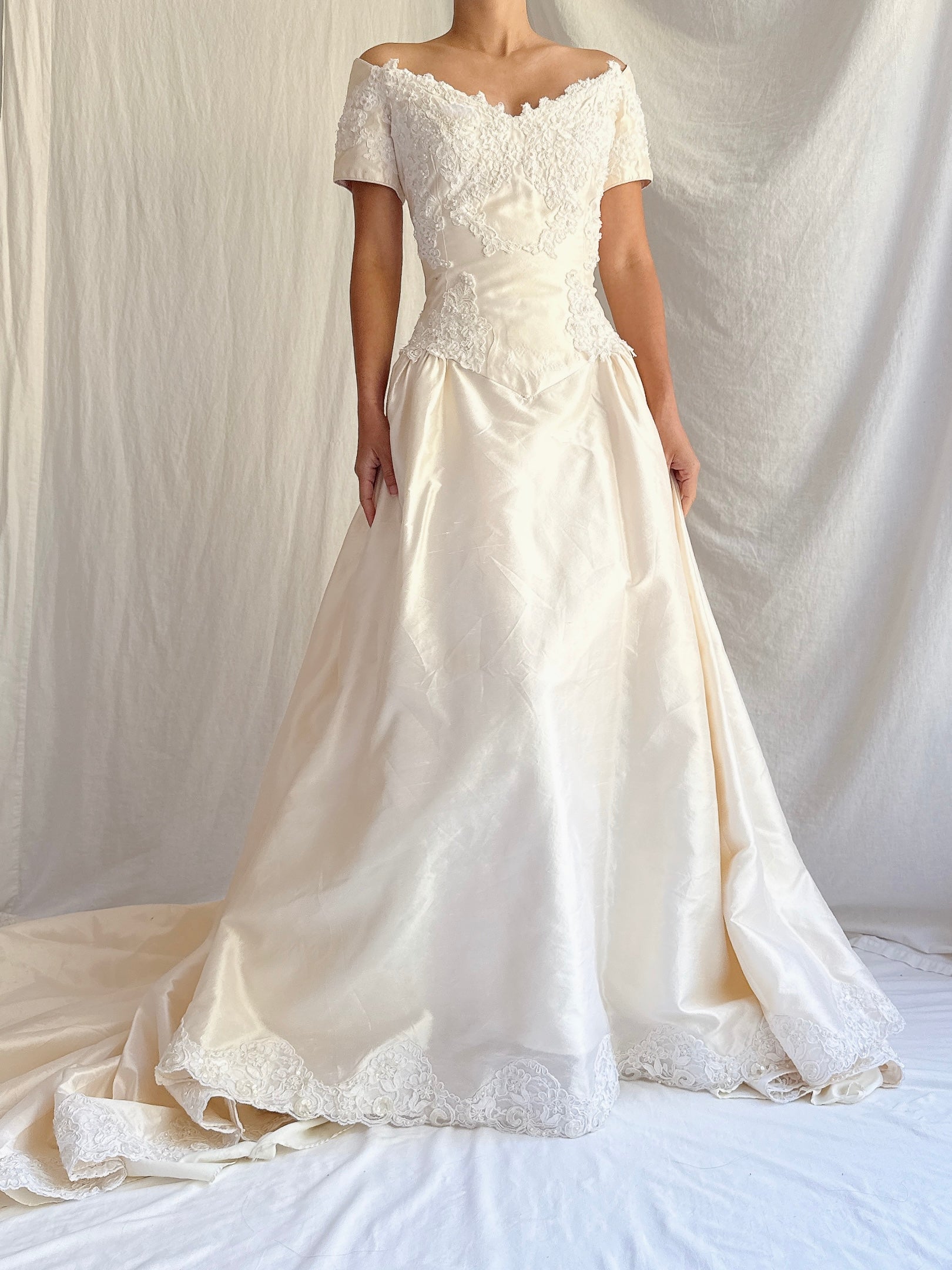 Vintage Wide Neck Lace Embellished Gown - S