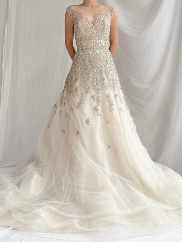 Vintage Tulle Metallic Flower Gown - M/6