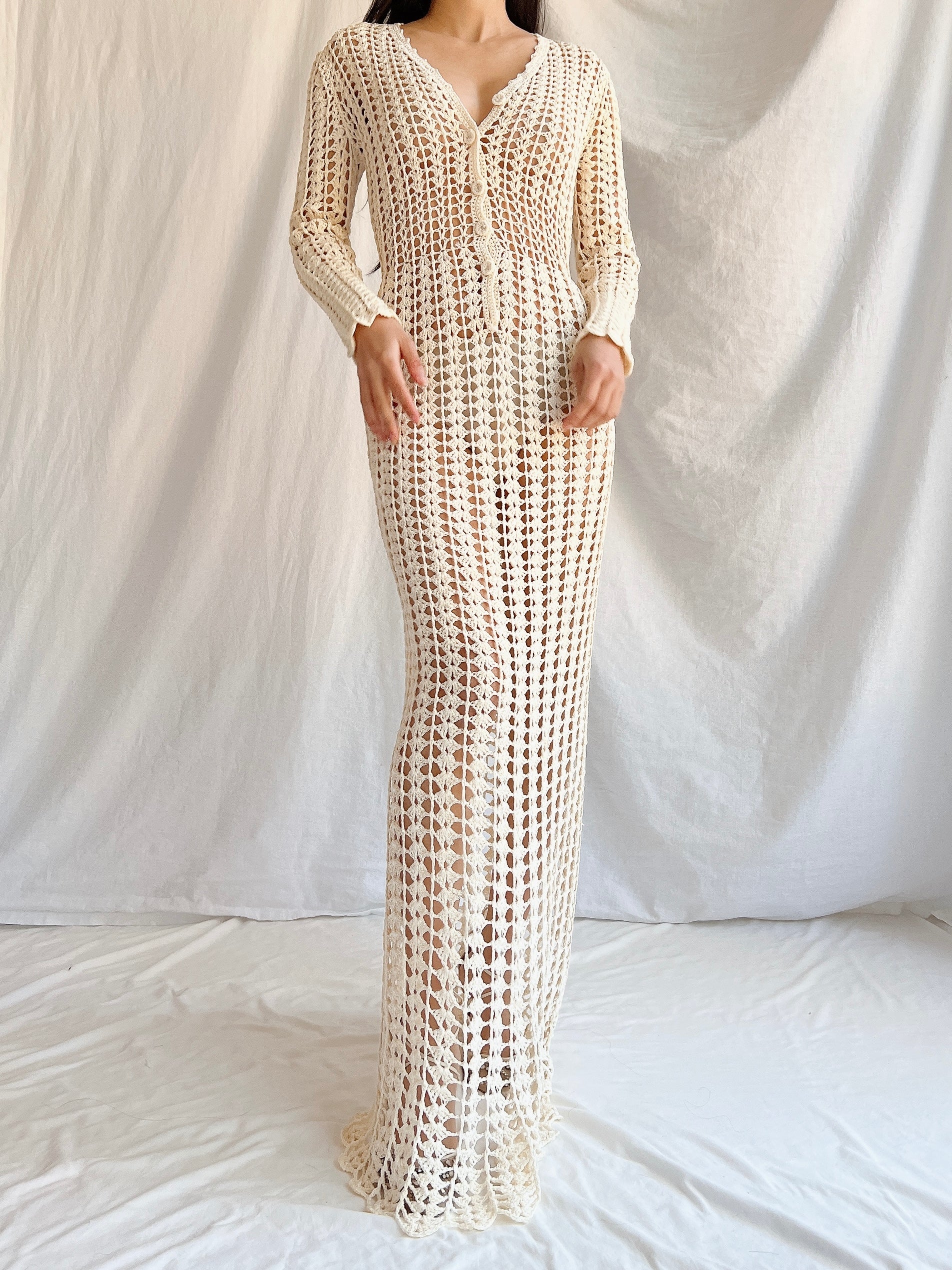 1970s Reversible Crochet Long Sleeve Dress - S