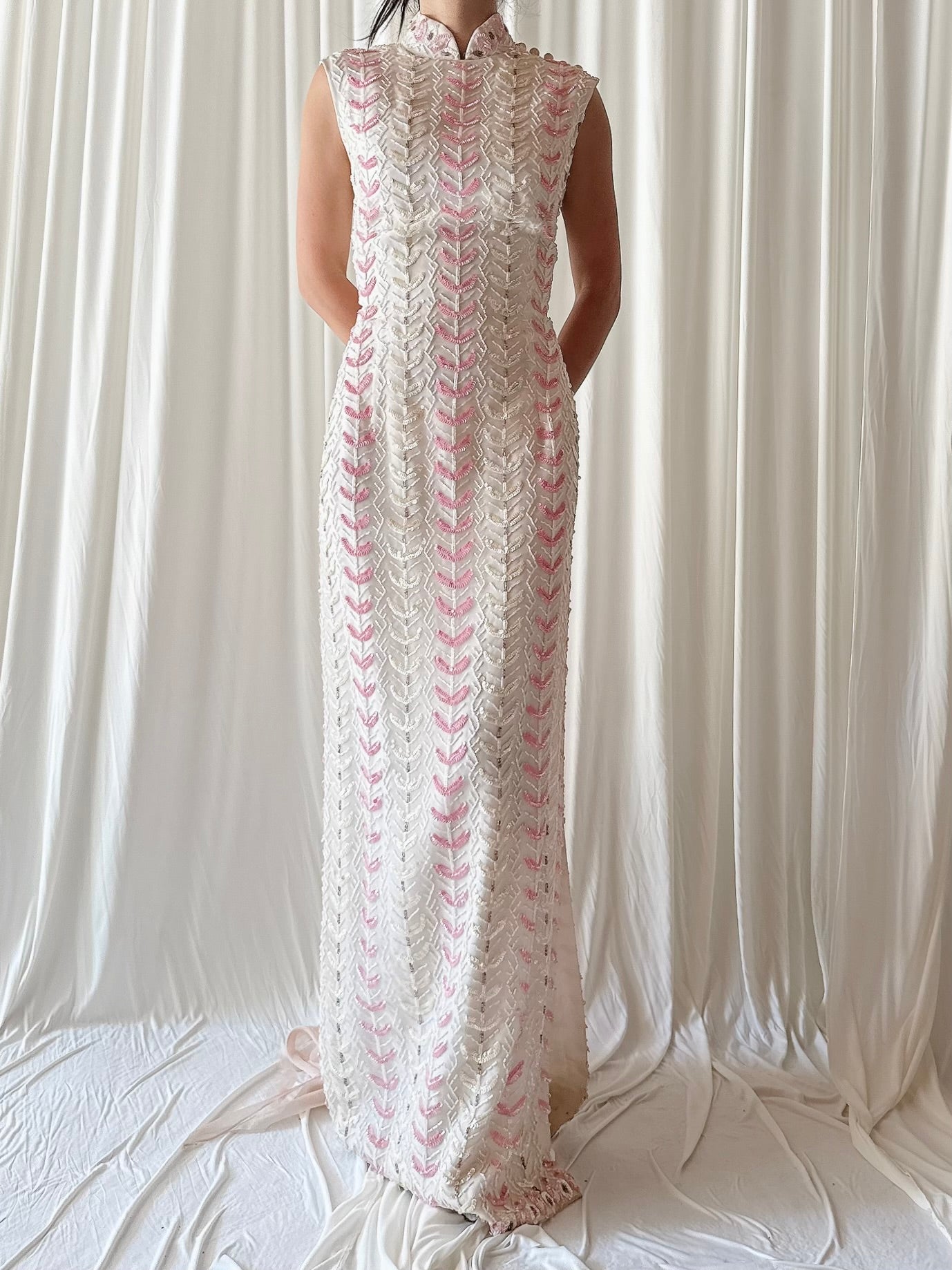 1960s Cheongsam Silk Organza Beaded Gown - M