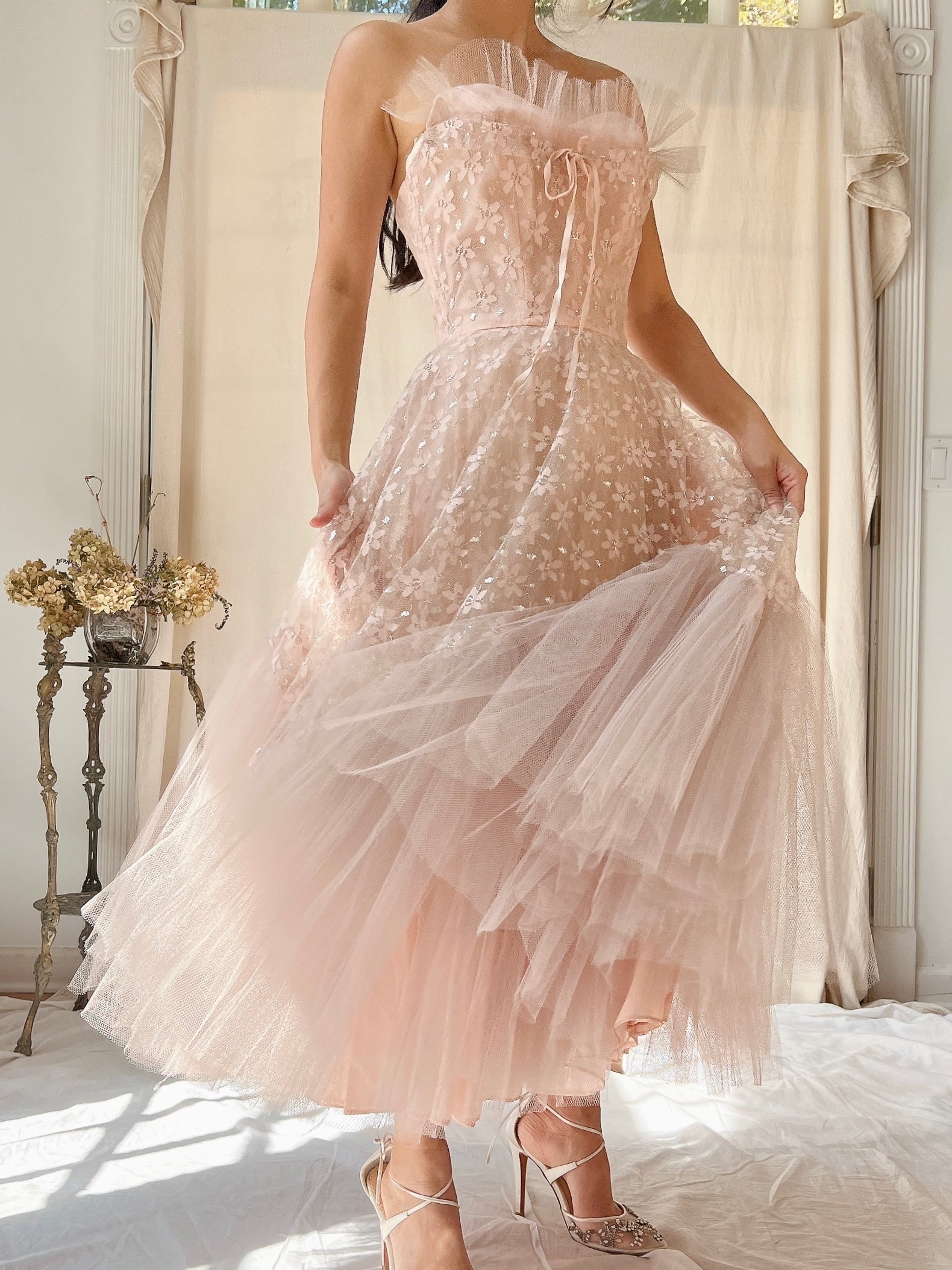 1950s Dusty Pink Tulle and Lace Dress - XS