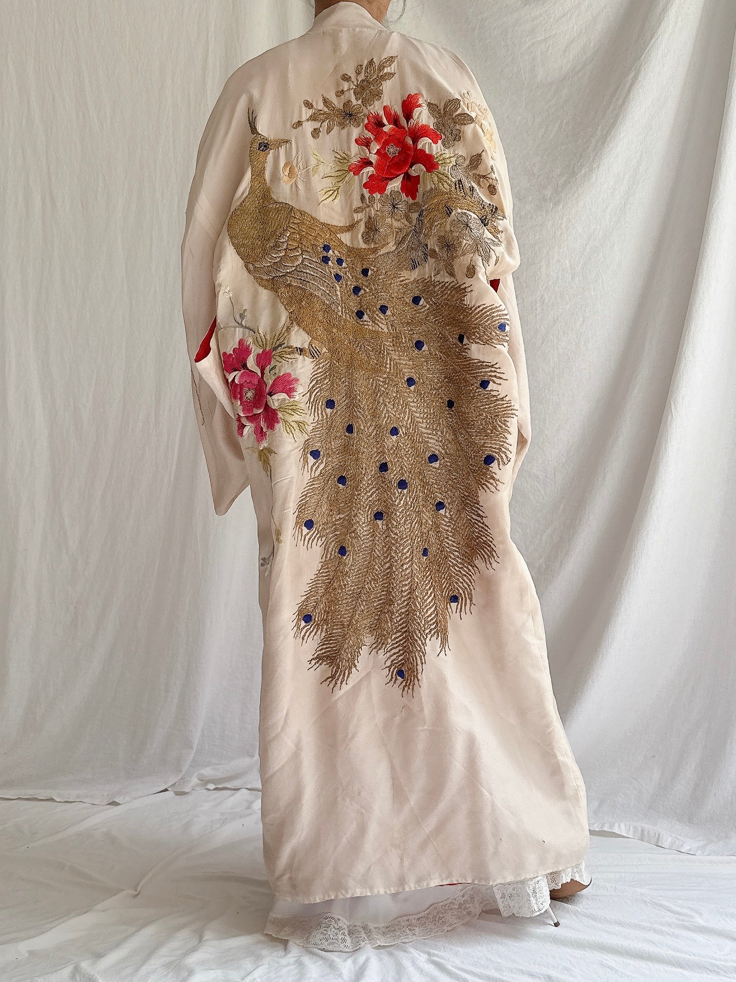 Antique Silk Peacock Embroidered Kimono - OSFM