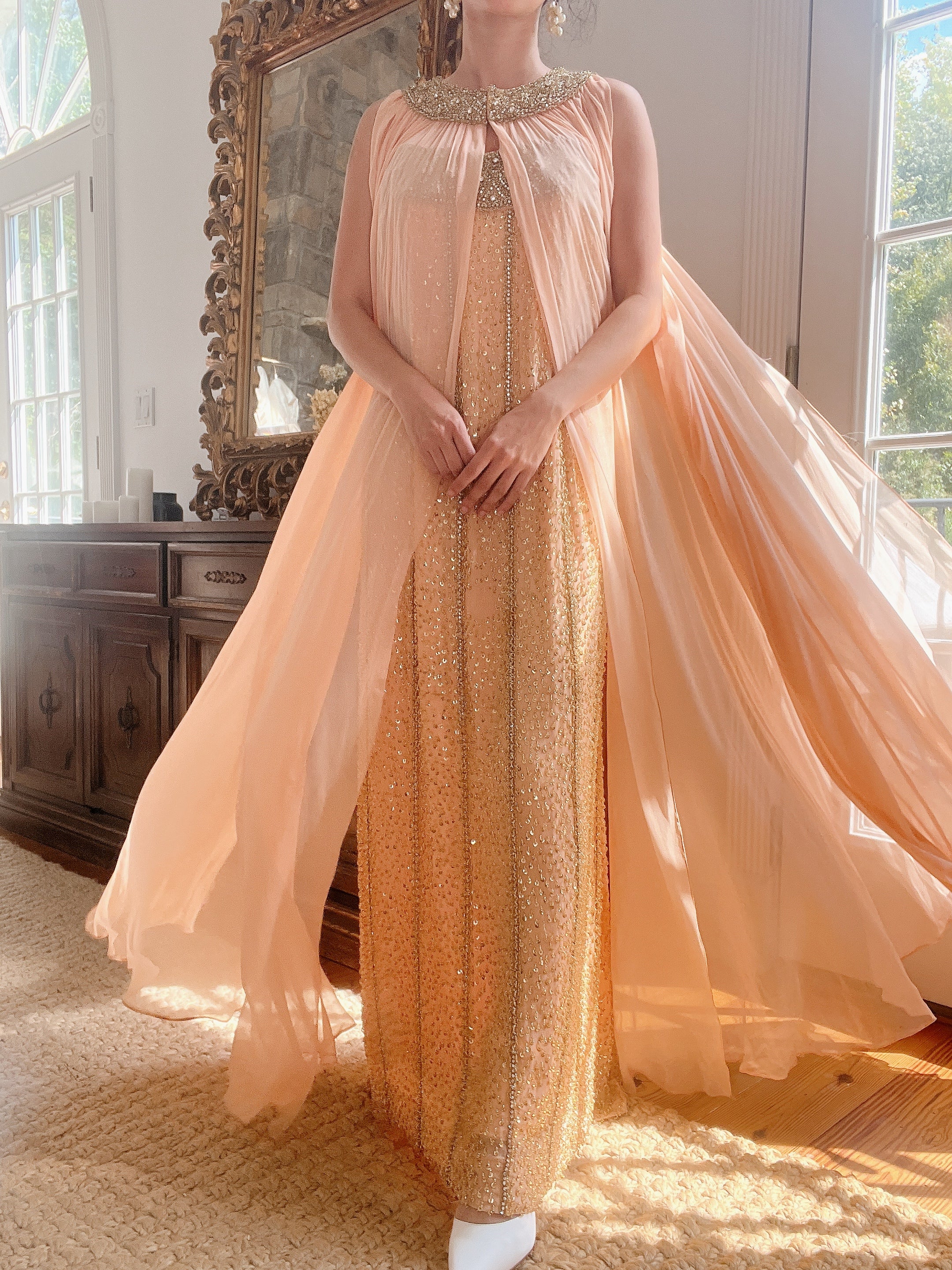 1960s Peach Beaded Gown & Cape - M/L