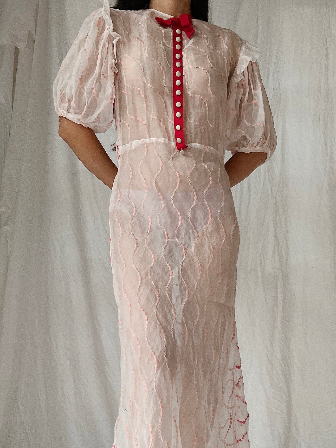 1930s Organdy Embroidered Dress - S
