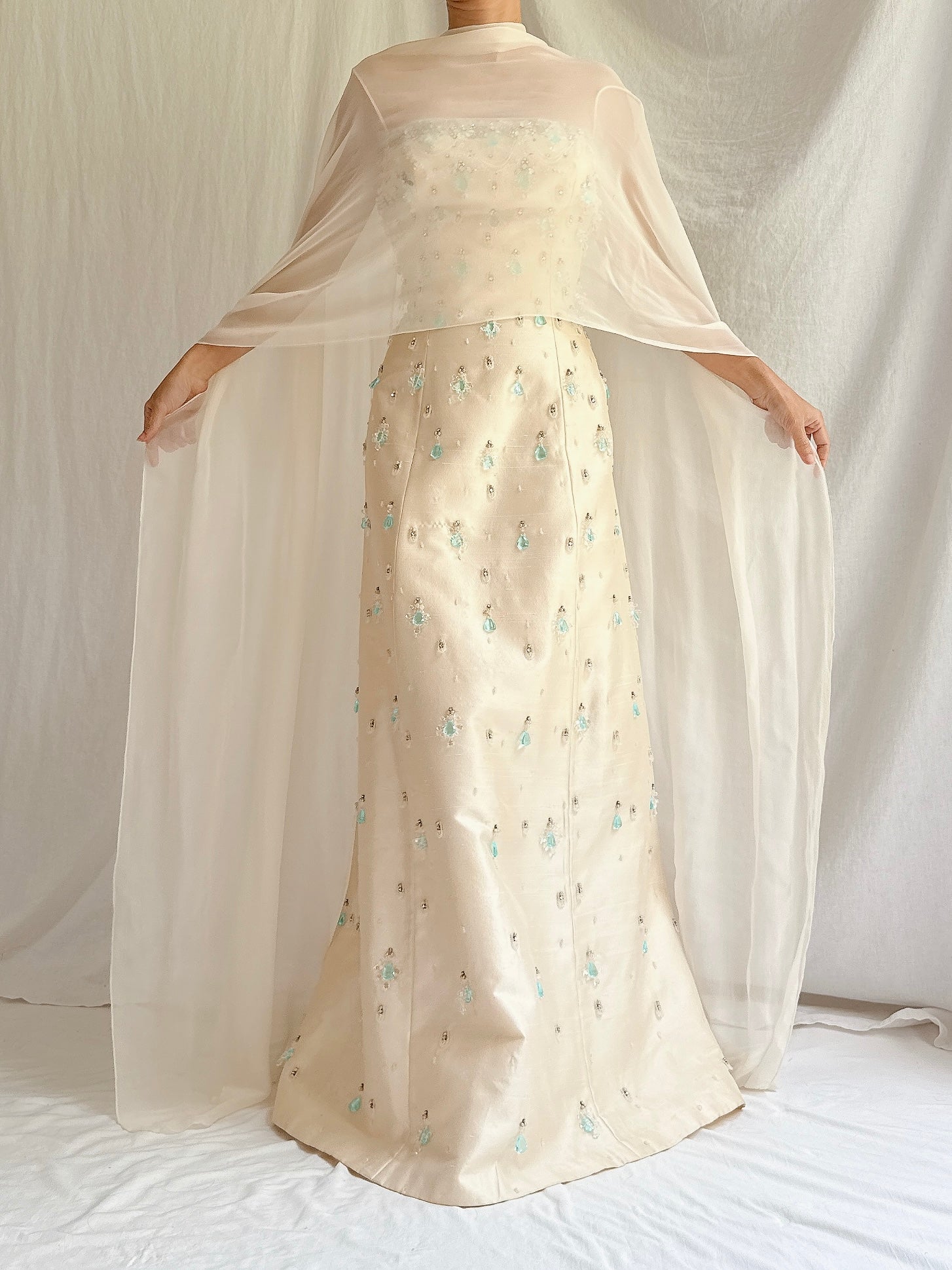 1960s Raw Silk Crystal Gown with Silk Shawl- S/4