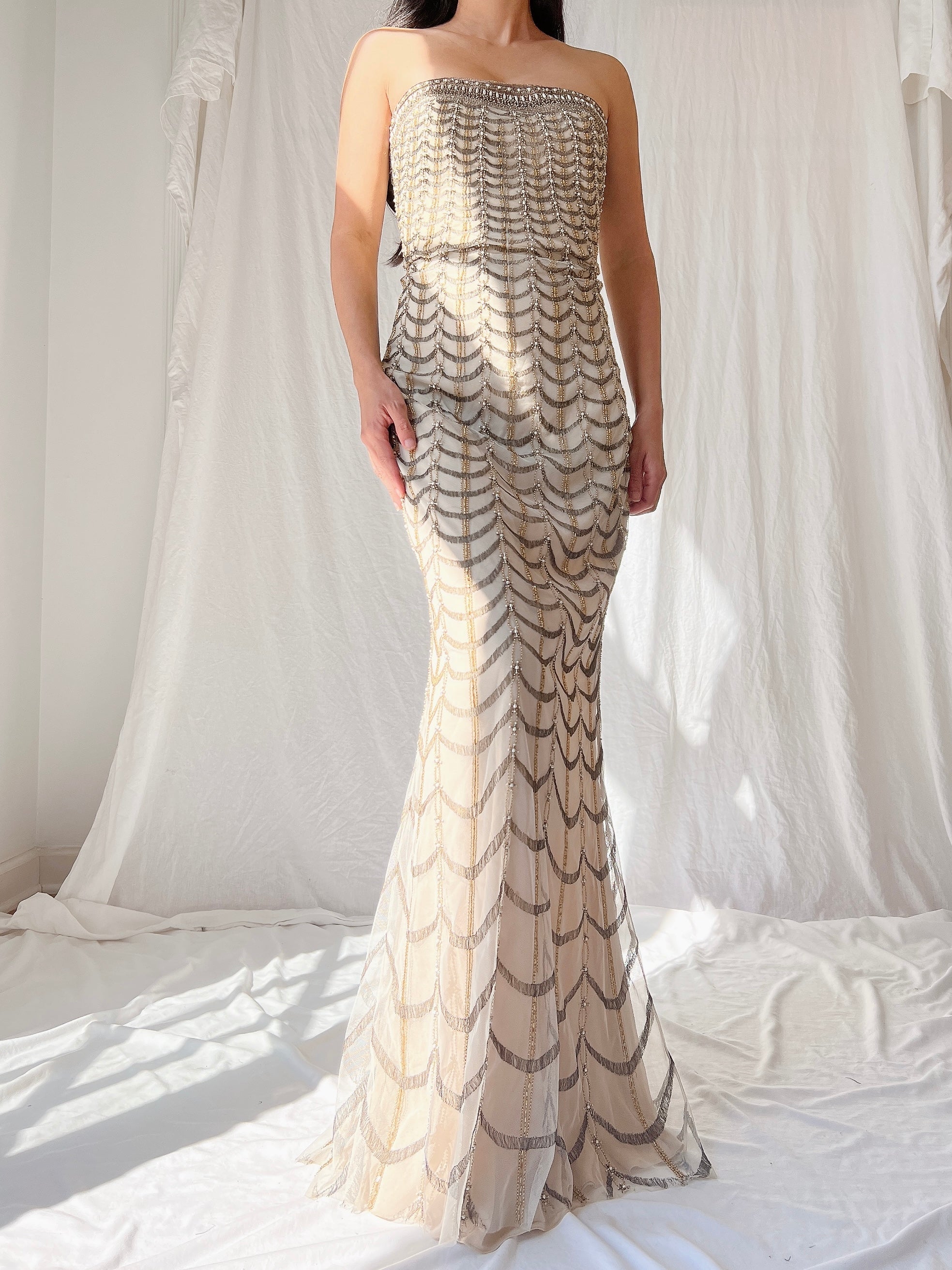 Reem Acra Metallic Embroidered Gown - M