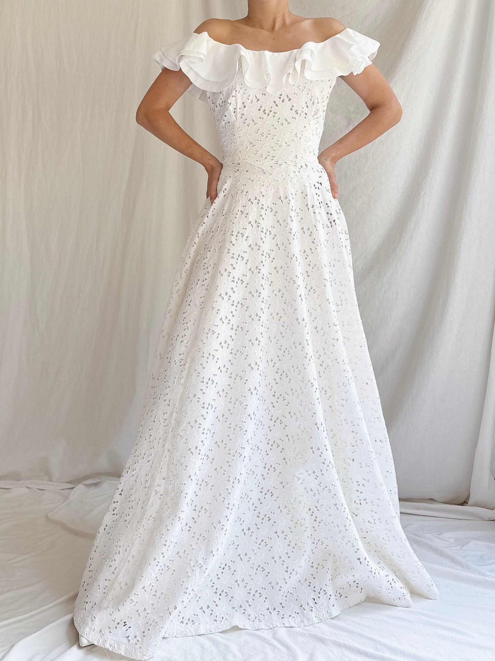 1930s Cutout Ruffle Cotton Dress - XS