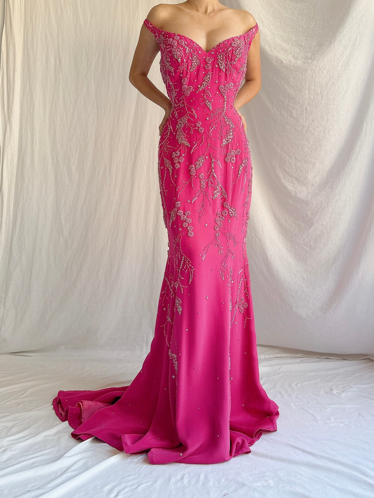 Vintage Hot Pink Silk Beaded Gown - M