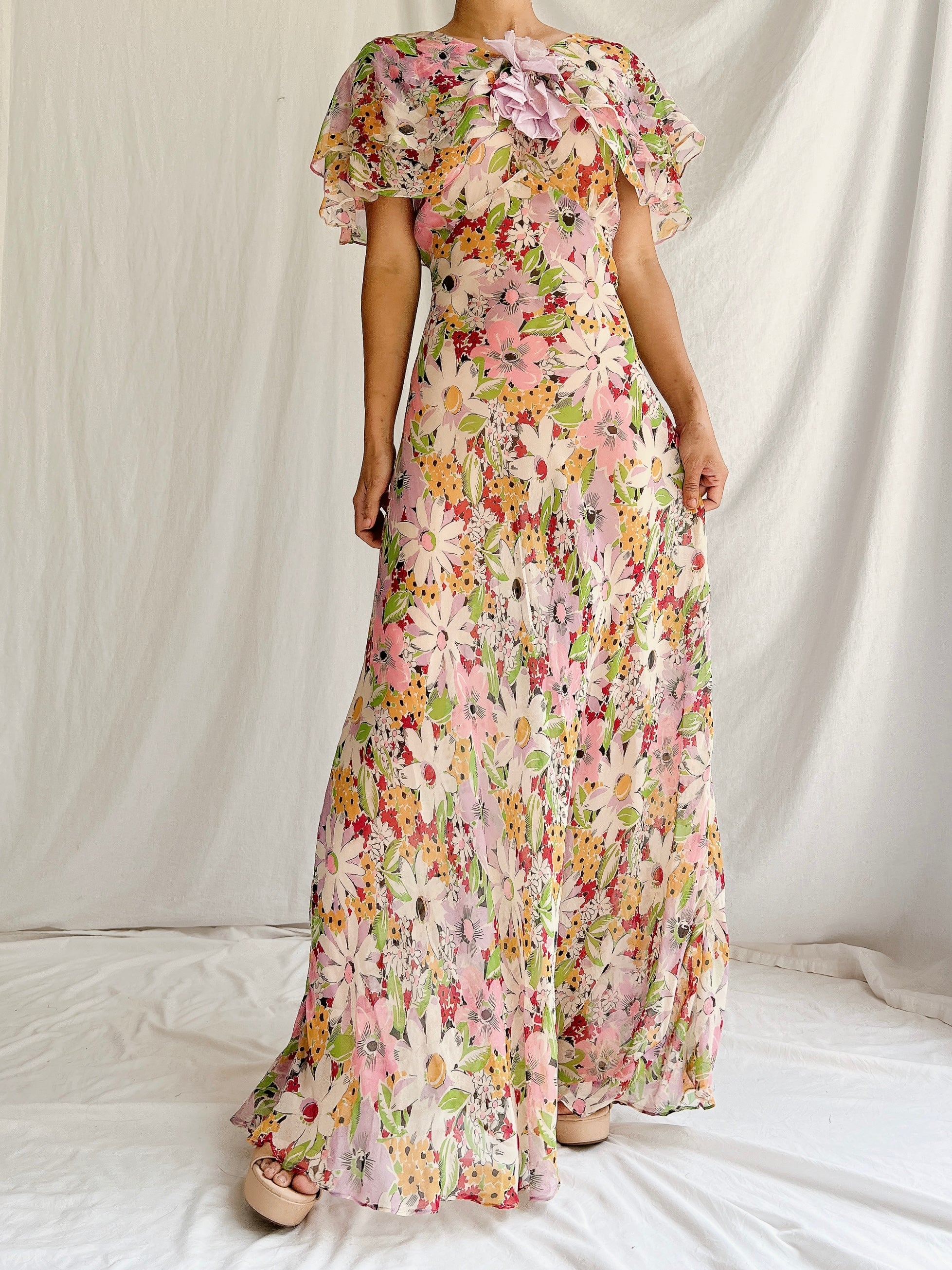 1930s Silk Floral Gown - XS/S