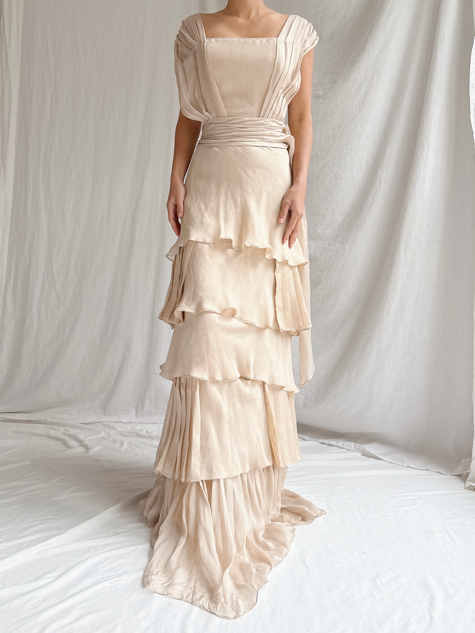 Vintage Beige Silk Tiered Dress - S