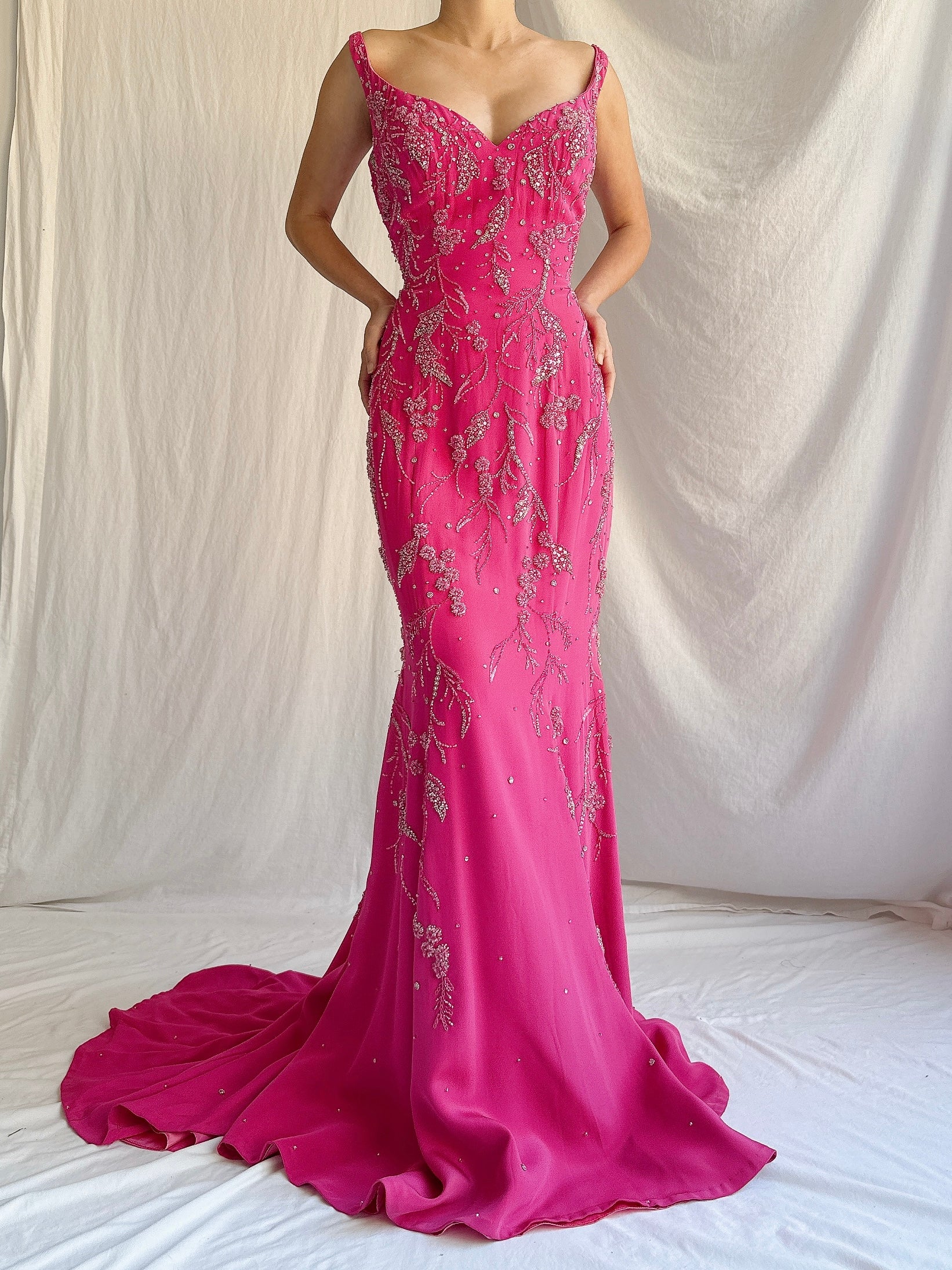 Vintage Hot Pink Silk Beaded Gown - M