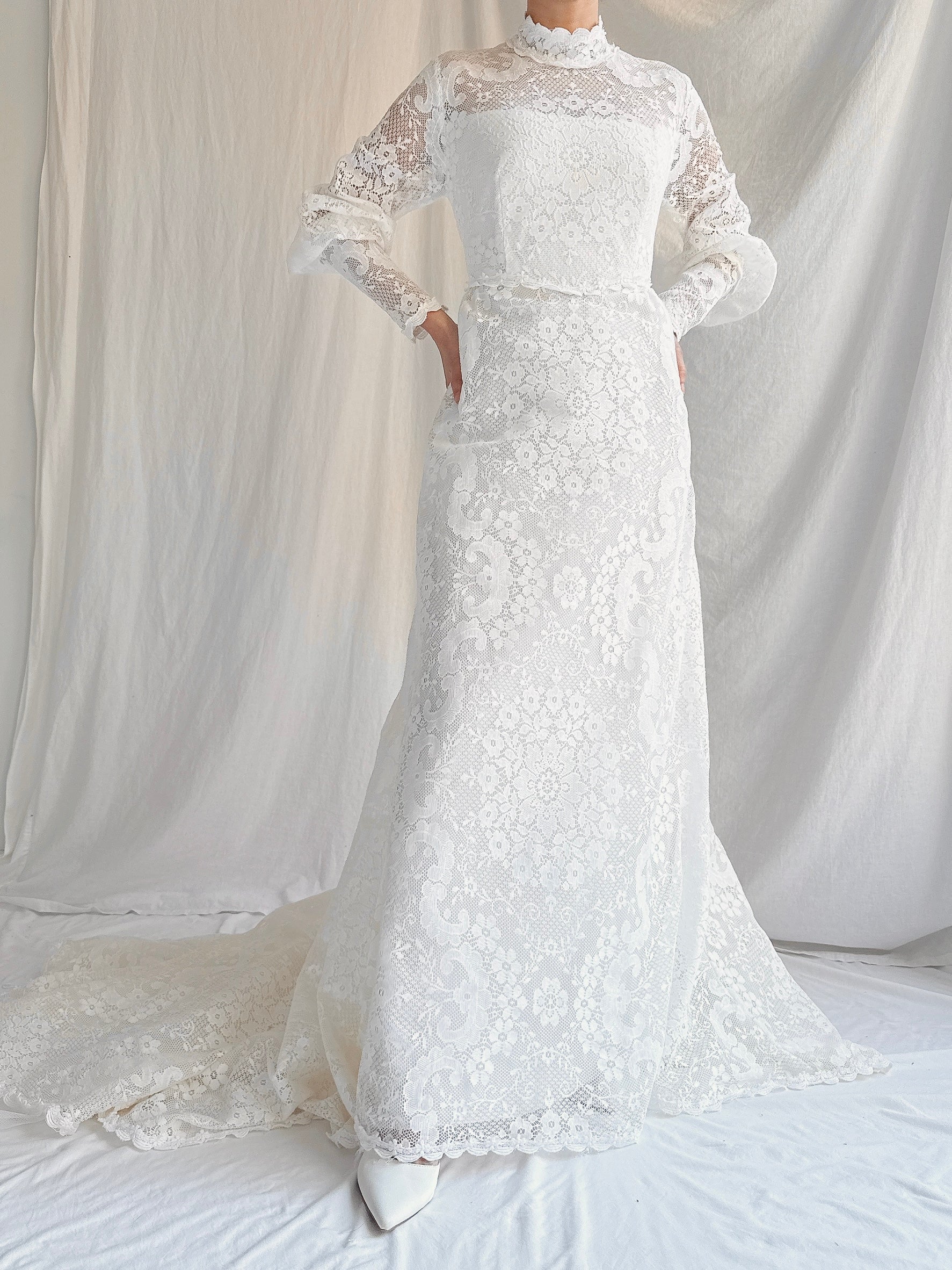 Vintage Crochet Lace Poet Sleeve Gown - S